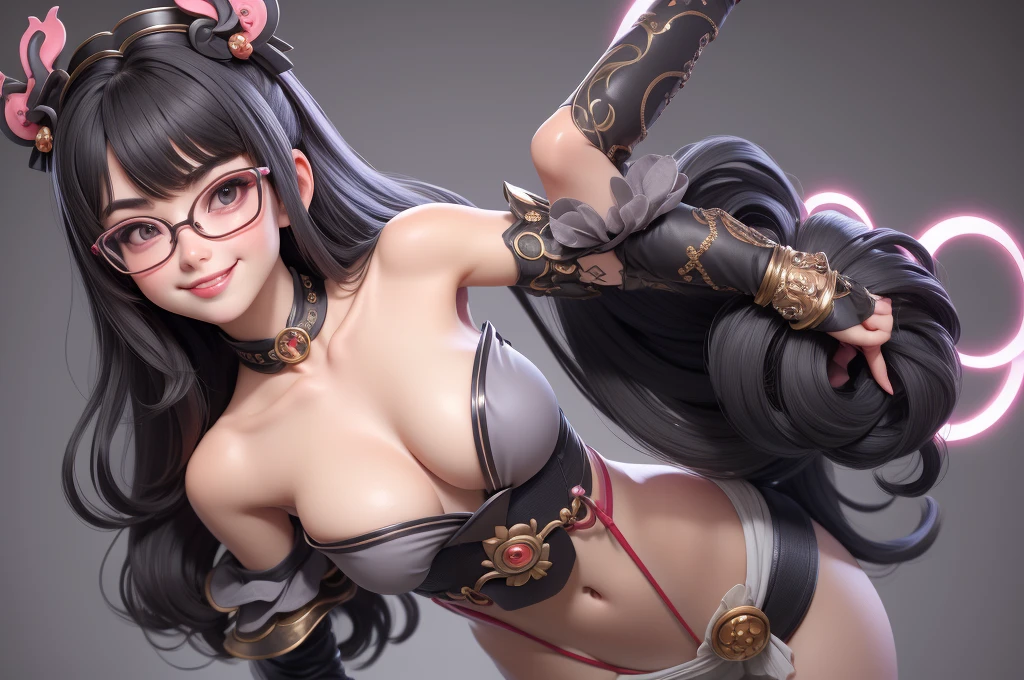 1 cute girl (18yo) glasses, close up, slim waist, natural small breast, impact pose, seductive expression, bangs, random hairstyle, cleavage, navel, collar, collarbone, off shoulder, seductive smile, wear intricately detail hot and sexy outfit, geisha costume, wear unique helmet, random light color, upper body. flat gray color for background