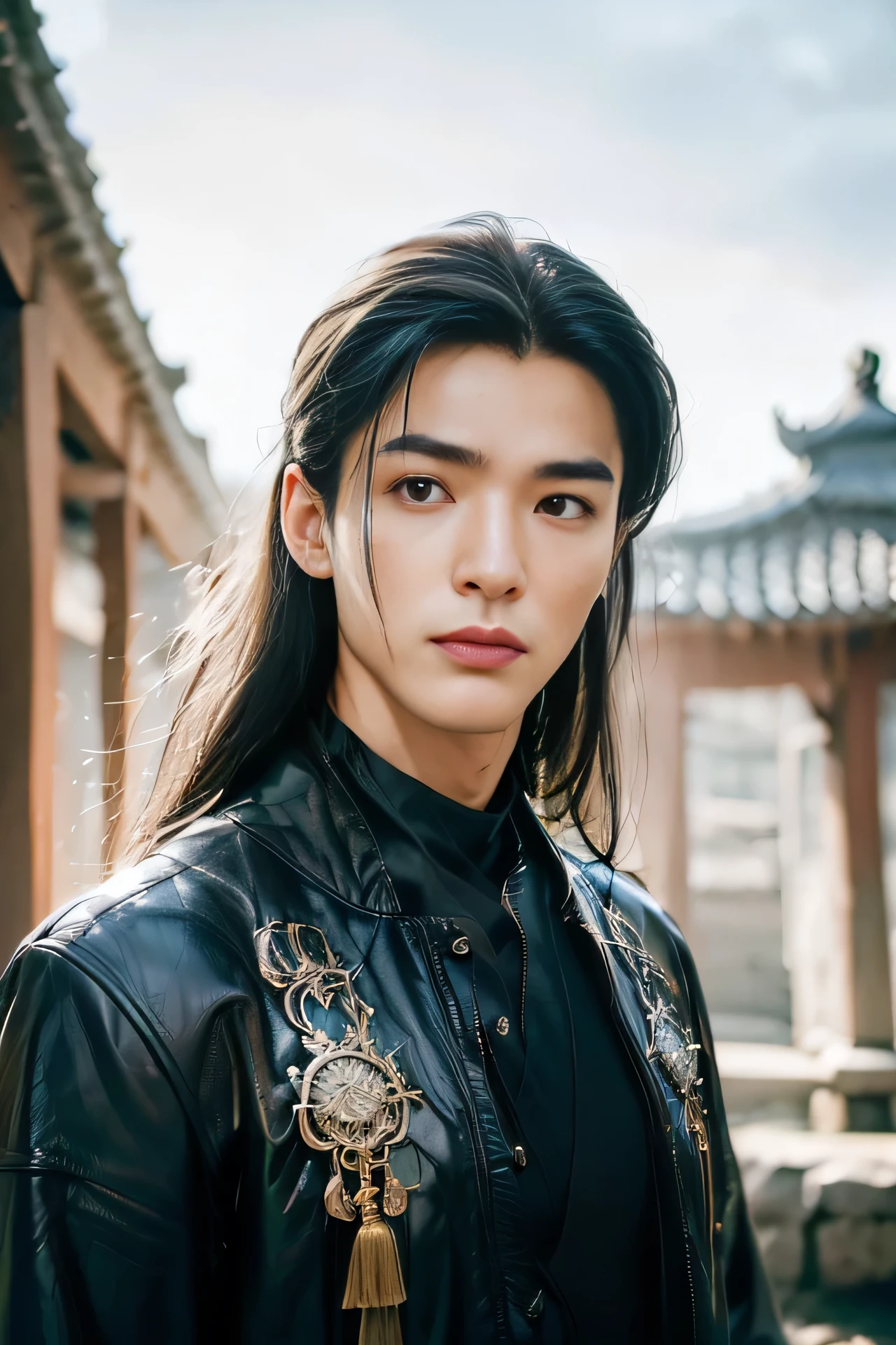 A 21-year-old Asian man，Thick eyebrows, handsome face，Men's full body ，the background is an ancient Chinese town，full moon，Pavilions and arch bridges，The limbs have pronounced muscle lines，high-definition photography，Real-world scenarios，Lots of detail, wearing black leather jacket, black jeans, black turtleneck shirt, magic, ((long hair)), looking into the distance, devilish gaze