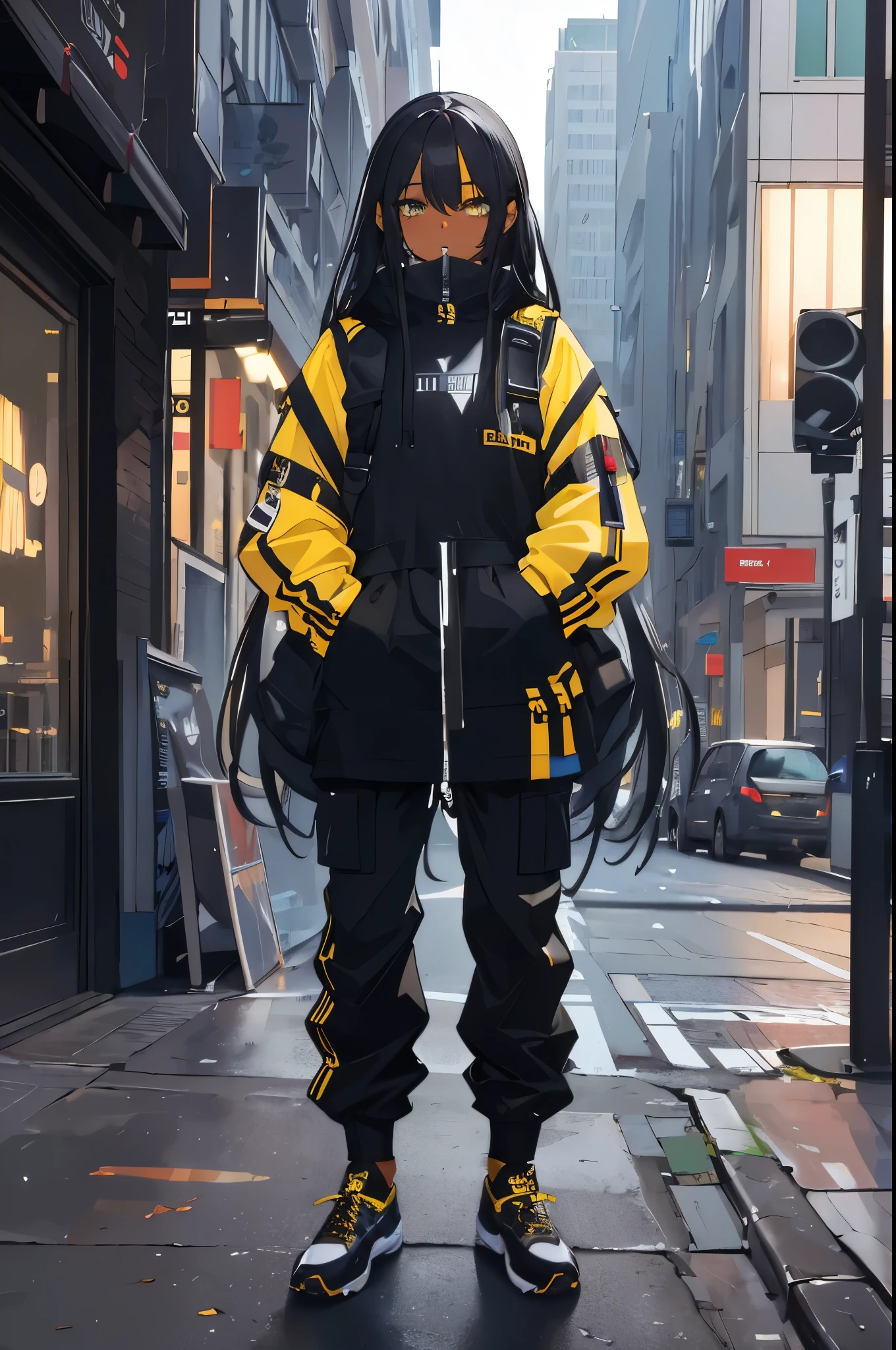 (masterpiece:1.4), 1girl, Streetwear,cargo pants, street, (masterpiece, best quality, highres, ultra detailed ), night, depth of field, absurdreasterpiece:1.4), ultra-detailed, 1girl, dark-skinned, stand up, black and yellow, long black wildly hair with white streaks, clear eyes and face