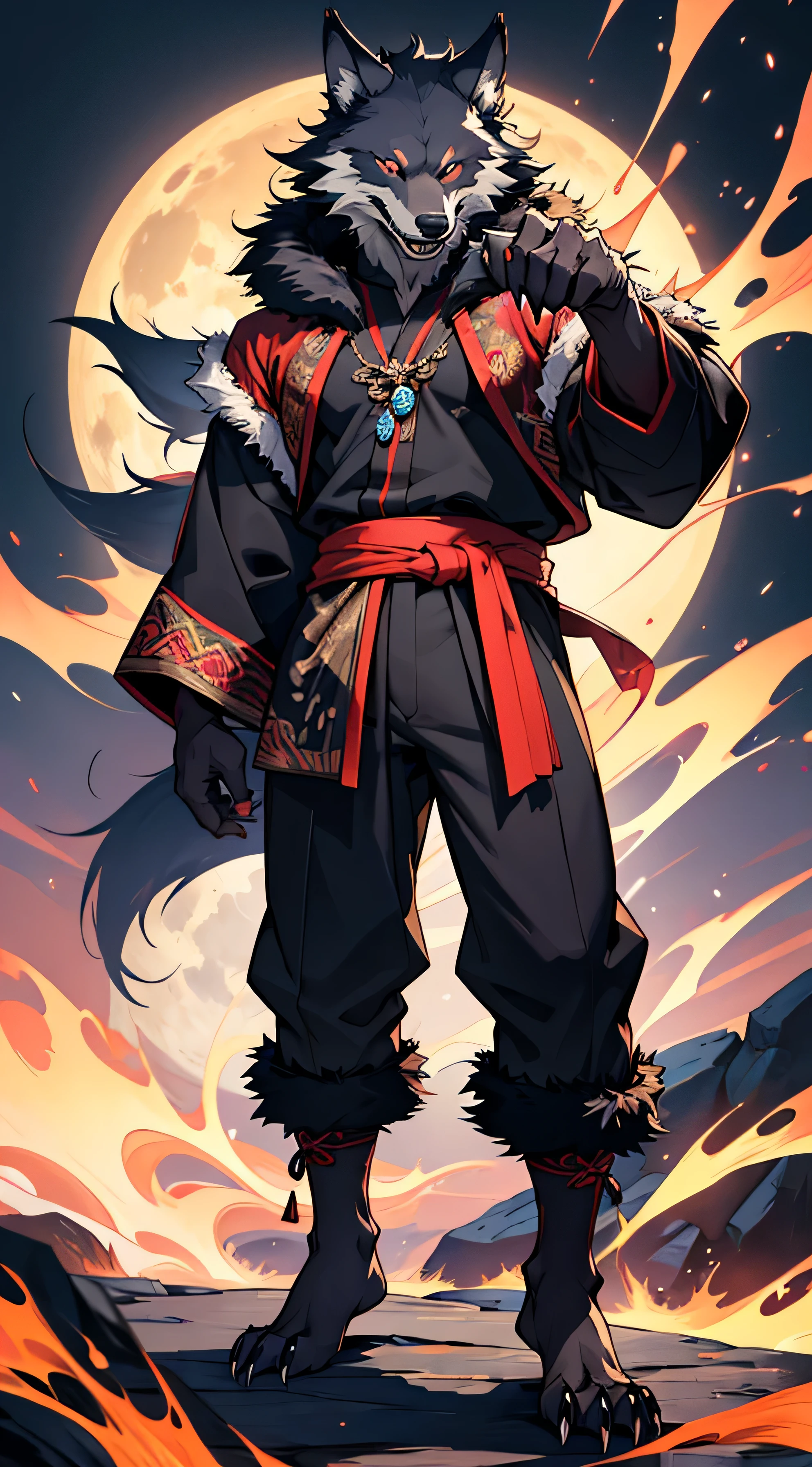 (Best Quality, 4k, 8K, high resolucion, Masterpiece:1.2), The furry wolf monster is wearing only pants.., Oriental dresses, fur art, s whole body, colorful wolf monster, fur art, Intense facial expressions, sharp claws, two legs, Standing on two feet, side pose, bright lighting, s whole body이 털로 뒤덮힘, Small stature, Short in stature, Short legs
