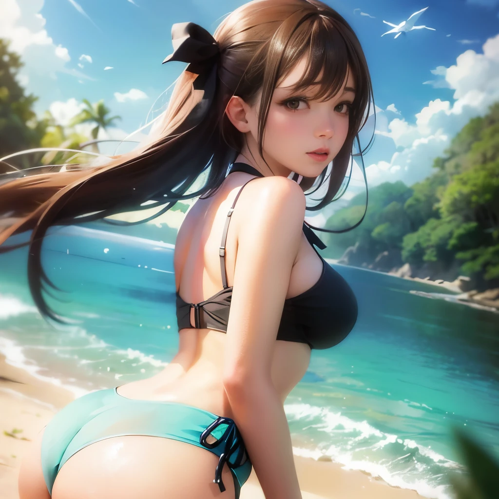 masterpiece、High quality、Official art、A woman wearing a revealing swimsuit、Look at me with an embarrassed look、perfect beautiful body、Clean buttocks、photographed from the back, From bottom to top