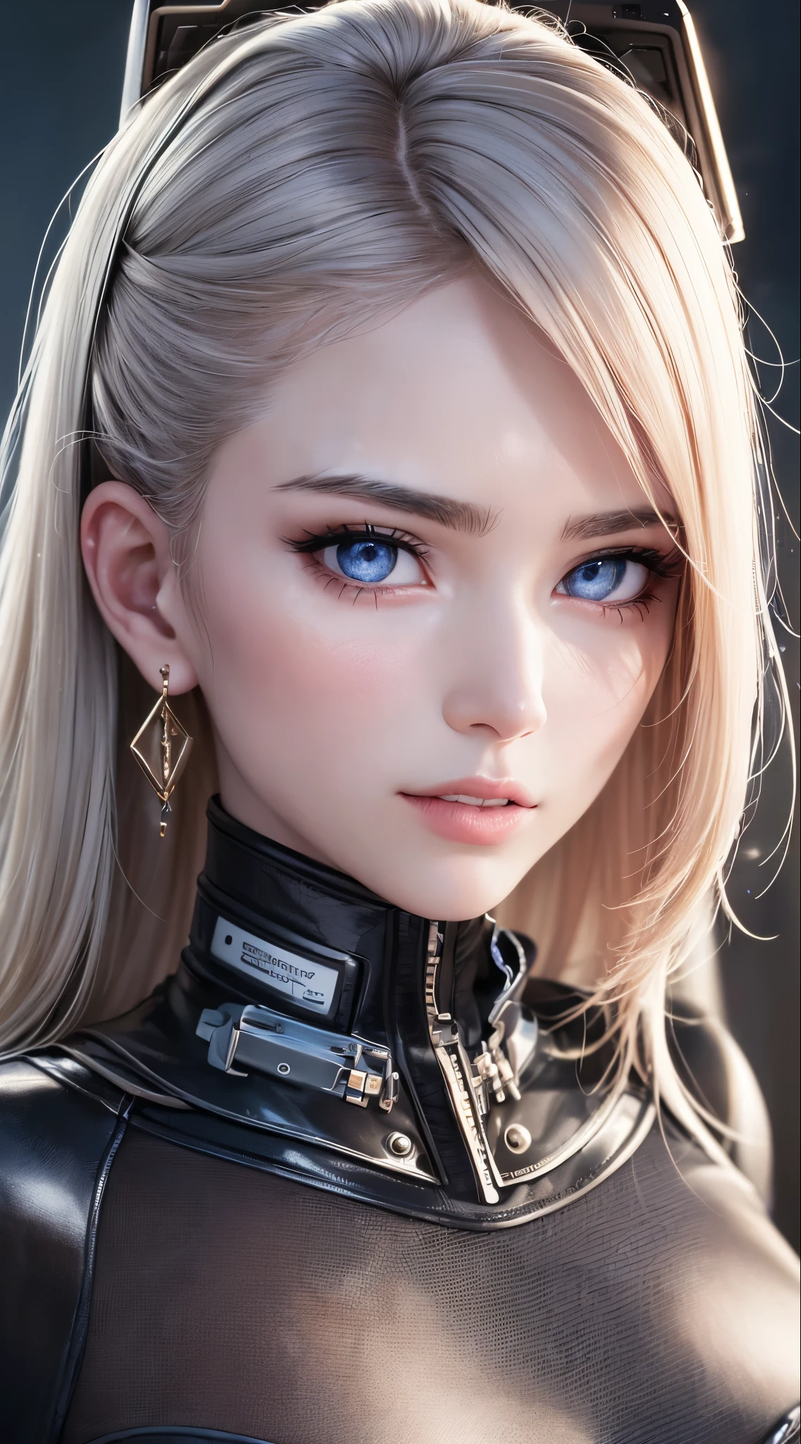 (best quality:1.0), (ultra highres:1.0), 1 girl, detailed beautiful skin, (kind smile:1.0), solo, (masterpiece:1.0), (best quality:1.4), (ultra highres:1.2), (photorealistic:1.4), 8k resolution, Canon EOS R5, 50mm, absurdres, ultra detailed, sharp focus, cinematic lighting, detailed beautiful face, petite figure, detailed skin texture, pale skin, thigh gap, detailed hair, random hair style, perfect eyes, detailed eyes, (glistening skin1.15), ((portrait photo)), hair accessories, ear rings, futuristic, complex background, cyberpunk city street, night, cyborg, robotic parts, futuristic weapons and accessories, ray lighting, backlighting, closeup photo, blue tone background