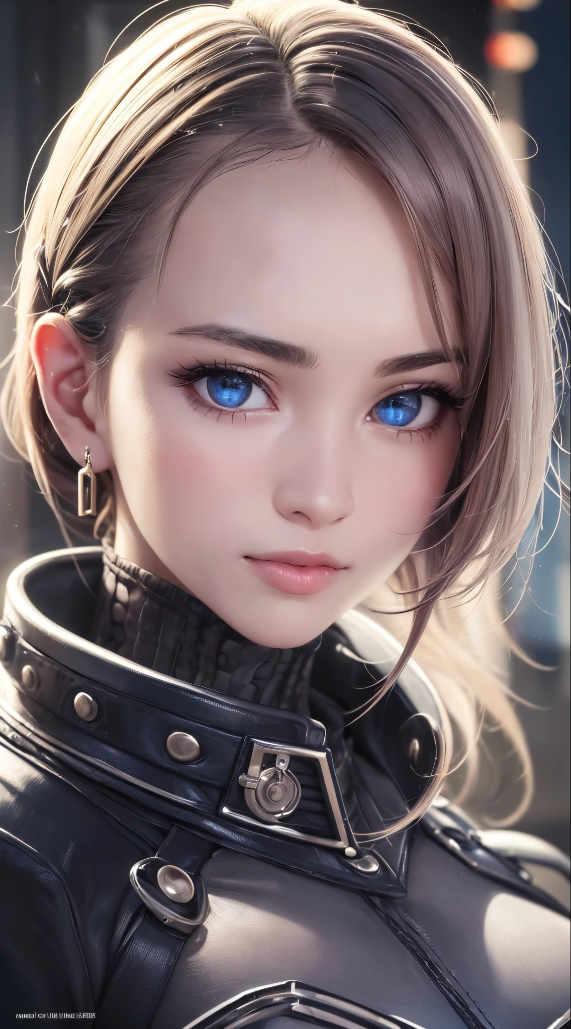 (best quality:1.0), (ultra highres:1.0), 1 girl, detailed beautiful skin, (kind smile:1.0), solo, (masterpiece:1.0), (best quality:1.4), (ultra highres:1.2), (photorealistic:1.4), 8k resolution, Canon EOS R5, 50mm, absurdres, ultra detailed, sharp focus, cinematic lighting, detailed beautiful face, petite figure, detailed skin texture, pale skin, thigh gap, detailed hair, random hair style, perfect eyes, detailed eyes, (glistening skin1.15), ((portrait photo)), hair accessories, ear rings, futuristic, complex background, cyberpunk city street, night, cyborg, robotic parts, futuristic weapons and accessories, ray lighting, backlighting, closeup photo, blue tone background