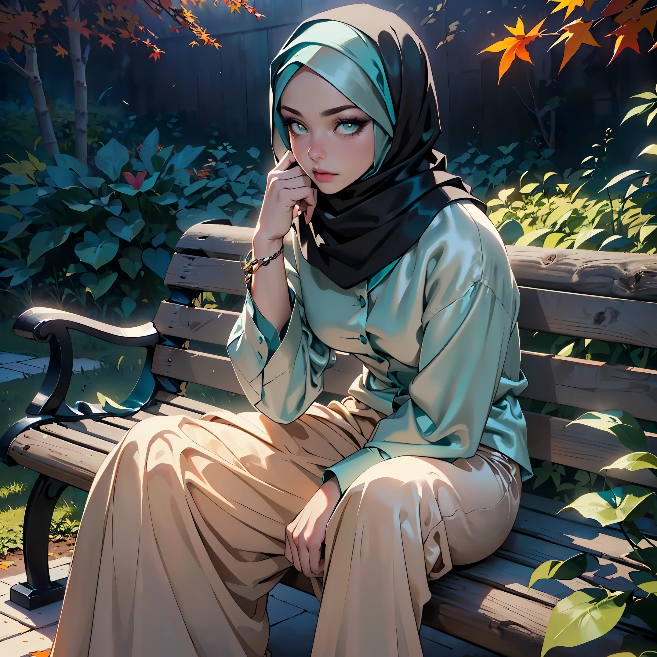((Masterpiece, best quality, photography, detailed skin, realistic, photo-realistic, 8k, highly detailed, full length frame, High detail RAW color art, diffused soft lighting, shallow depth of field, sharp focus, hyperrealism, cinematic lighting, hijab, a woman in a beautifully makeup, beautiful big eyes, long eye lashes, wearing (Teal satin hijab), loosely tide hijab style, ((Taupe satin Shirt)), Palazzo pants, sitting on a wooden bench, autumn fall, garden