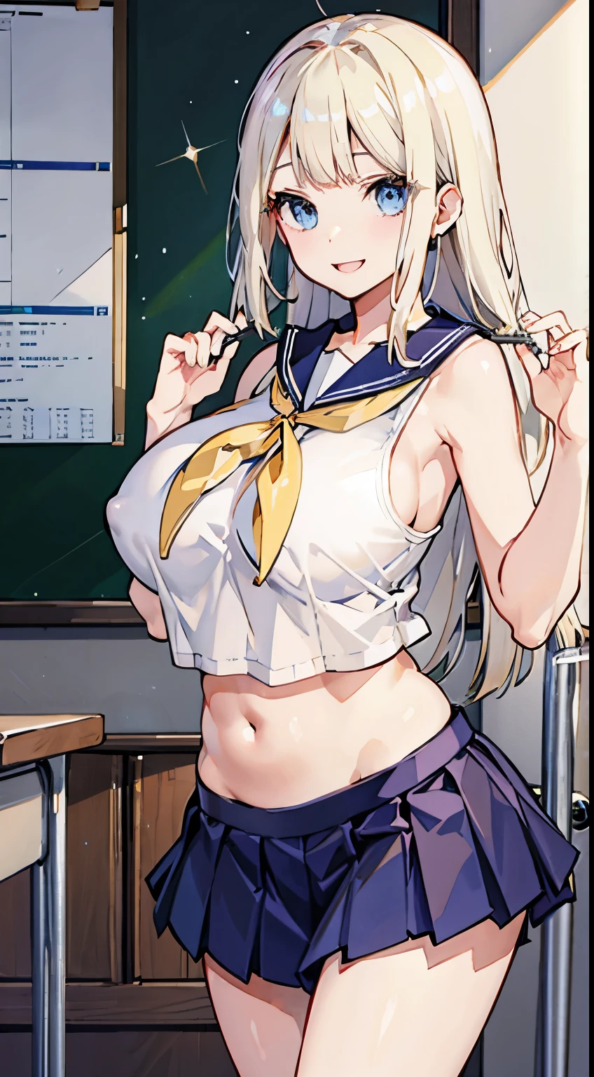 top-quality、realistic touch,high-detail、photoRealstic、thin-waist、captive beauty、big eye、solid platinum-blonde eyelashes、platinum-blonde、full body Esbian、Sparkling eyes、Submissive smile、Flushed cheeks、Kamimei、thin-waist、Voluptuous thighs、Enraptured look、Raked bangs、The forehead is protruding、In the classroom of the school、Random hairstyle、Navel look、She is in estrus、a sailor suit、cocky expression、Colossal tits、Super short skirt with V-line visible、Angle from below、Big breasts visible between uniform and stomach、sleeveless