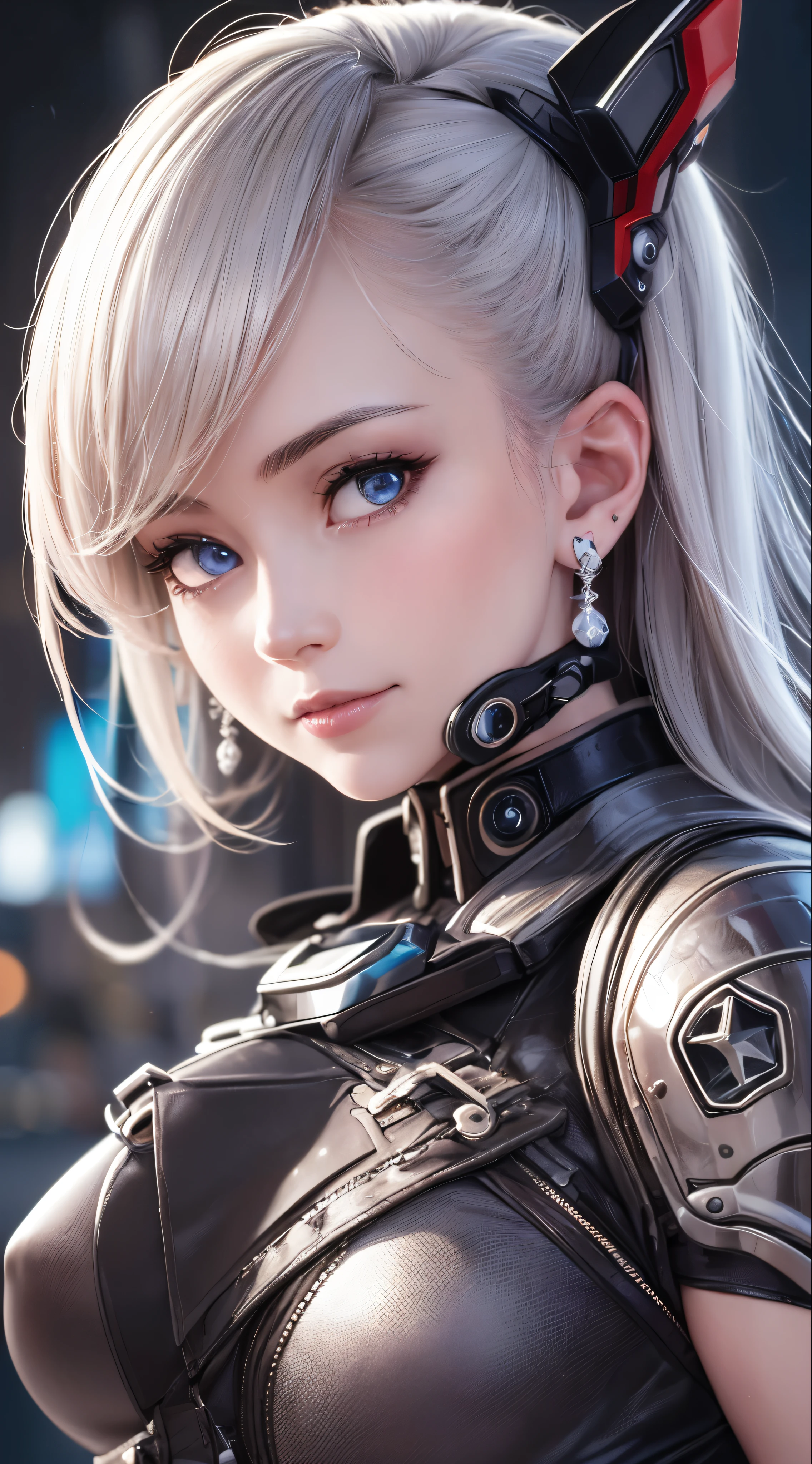 (best quality:1.0), (ultra highres:1.0), 1 girl, detailed beautiful skin, (kind smile:1.0), solo, (masterpiece:1.0), (best quality:1.4), (ultra highres:1.2), (photorealistic:1.4), 8k resolution, Canon EOS R5, 50mm, absurdres, ultra detailed, sharp focus, cinematic lighting, detailed beautiful face, petite figure, detailed skin texture, pale skin, thigh gap, detailed hair, random hair style, perfect eyes, detailed eyes, (glistening skin1.15), ((portrait photo)), hair accessories, ear rings, futuristic, complex background, cyberpunk city street, night, cyborg, robotic parts, futuristic weapons and accessories, ray lighting, backlighting, closeup photo, blue tone background