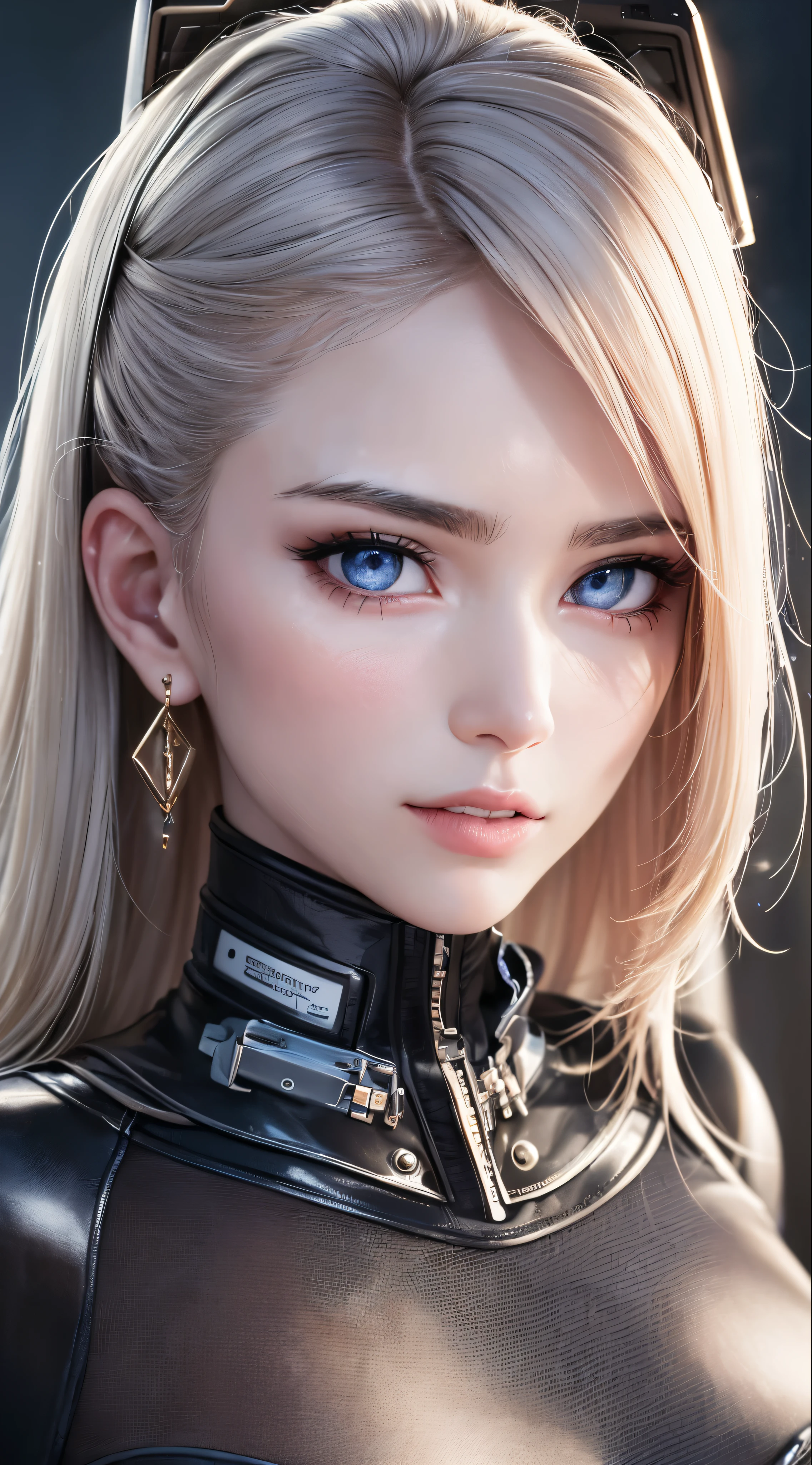 (best quality:1.0), (ultra highres:1.0), 1 girl, detailed beautiful skin, (kind smile:1.0), solo, (masterpiece:1.0), (best quality:1.4), (ultra highres:1.2), (photorealistic:1.4), 8k resolution, Canon EOS R5, 50mm, absurdres, ultra detailed, sharp focus, cinematic lighting, detailed beautiful face, petite figure, detailed skin texture, pale skin, thigh gap, detailed hair, random hair style, perfect eyes, detailed eyes, (glistening skin1.15), ((portrait photo)), hair accessories, ear rings, futuristic, complex background, cyberpunk city street, night, cyborg, robotic parts, futuristic weapons and accessories, ray lighting, backlighting, closeup photo, blue tone background