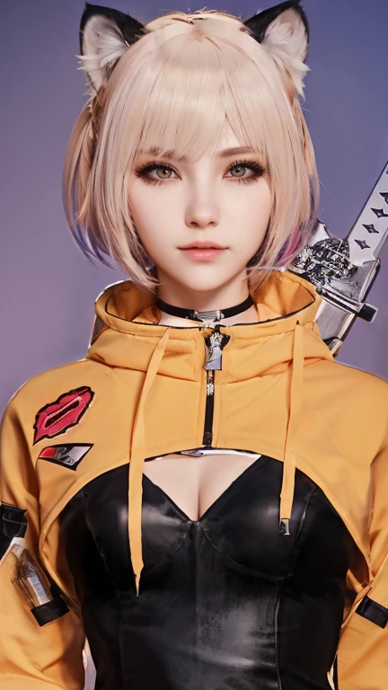 there is a woman in a cat suit holding a knife, cyberpunk anime girl in hoodie, as overwatch character, kda, as an overwatch character, wearing cyberpunk 2 0 7 7 jacket, sun yunjoo, from girls frontline, overwatch inspired, portrait a woman like reol, mercy ( overwatch ), m4 sopmod ii girls frontline, 2 b, 2b