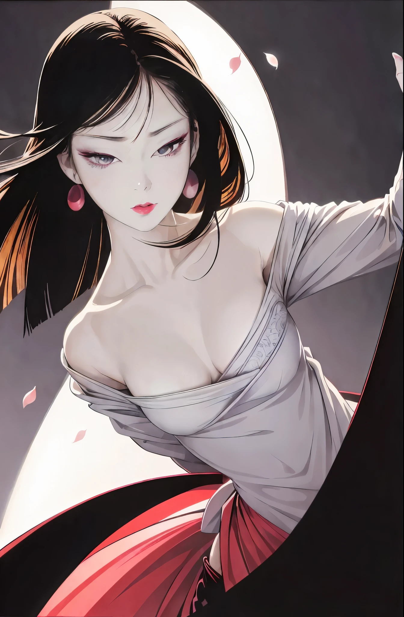 One girl, alone,Red Theme,View your viewers,Large Breasts,Portraiture,From the side,Bad boy,((Mature Woman))