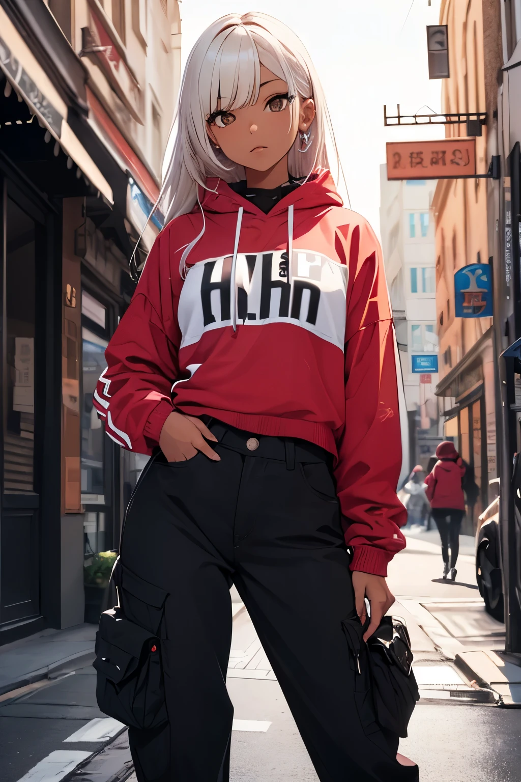 (masterpiece:1.4), 1girl, Streetwear,cargo pants, street, (masterpiece, best quality, highres, ultra detailed ), night, depth of field, absurdreasterpiece:1.4), ultra-detailed, 1girl, dark-skinned, stand up, black and yellow, long pink wildly hair with white streaks