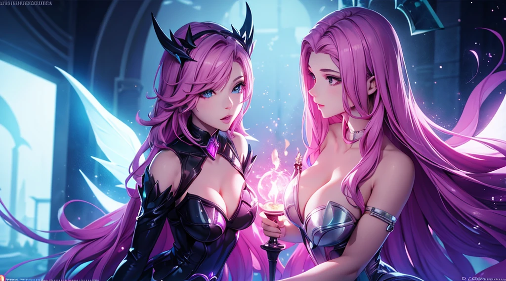 seraphine1, league of legends, pink hair, risque pose, cleavage, digital illustration, vibrant colors, soft lighting, glowing effects, perfect face, glowing effects, absurdres, ultrasharp, 8K, long hair, black long dress, long veil, sythe, necromancer, purple effects, evil