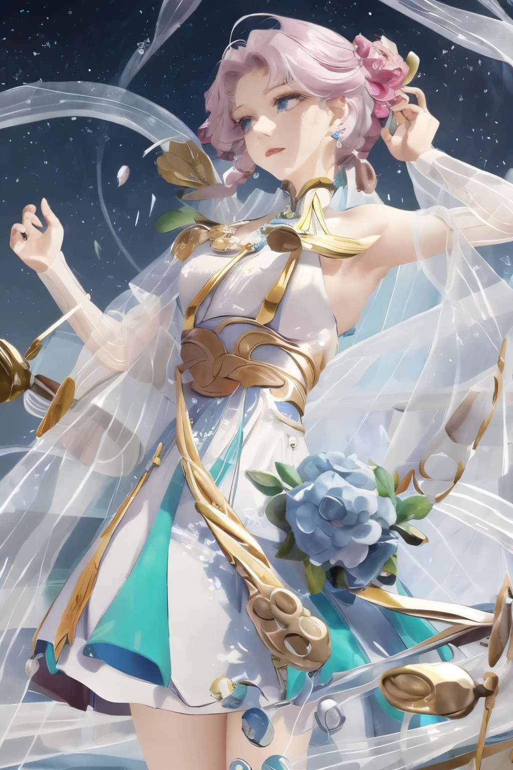 3d，Glory to Kings，New hero skin，change，heroines，Athena pictures，dynamic，Correct light and dark lighting，设计一款Glory to Kings貂蝉绝世的新皮肤 tmasterpiece, Best quality at best, Long flowing rainbow hair, blue, and green, tmasterpiece, Best quality at best at best, lamplight, saxophone blue, Platinum Earrings, Platinum Necklace, White dress,(动态照明:1.2), 电影lamplight, exquisite facial features, 詳細な目, Sharp pupils,