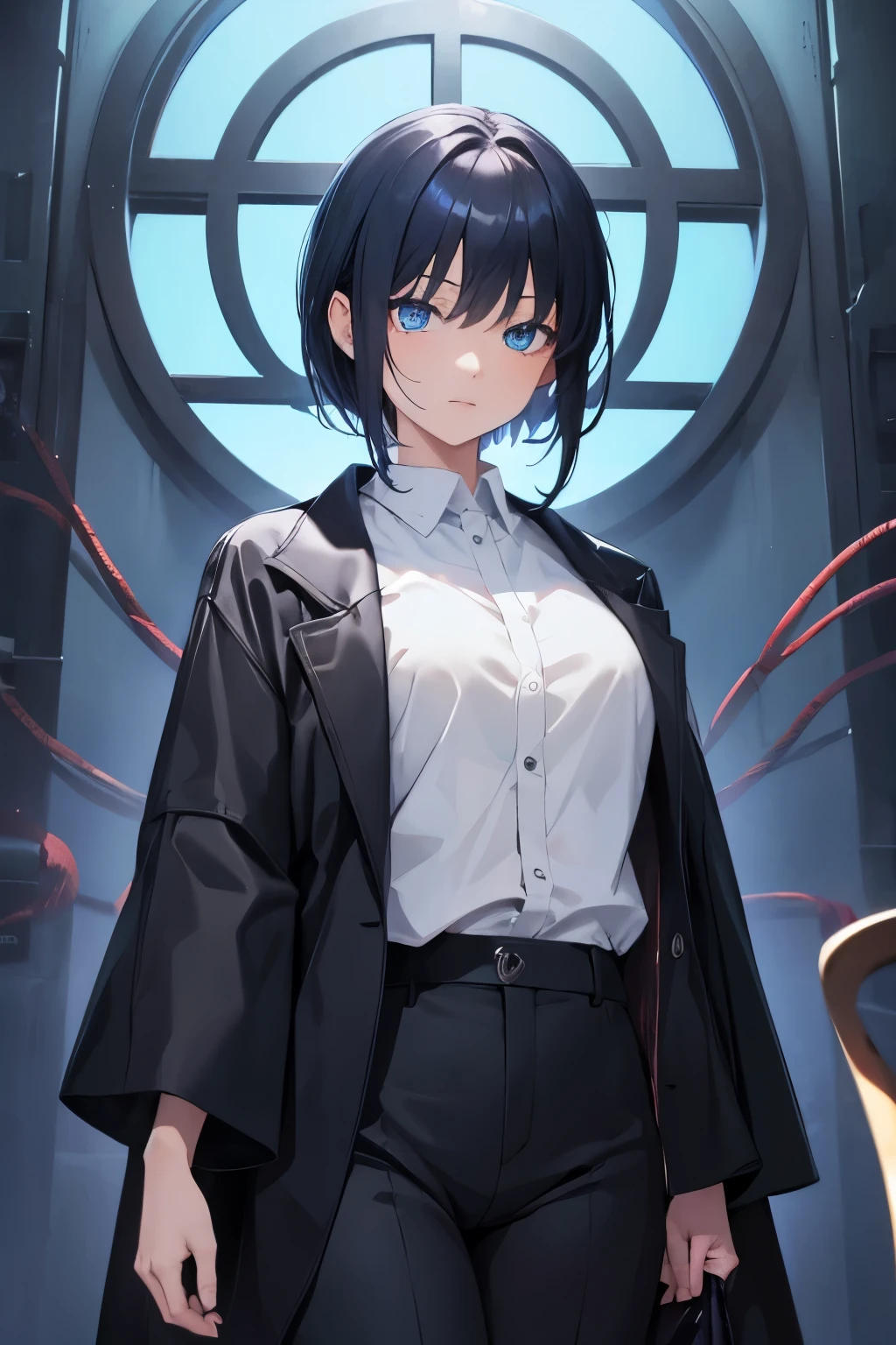masterpiece, best quality, highres, 1girl, solo, kochou shinobu, blue eyes, black hair, short hair, parted bangs, haori, wide sleeves, long sleeves, black pants, black jacket, cowboy shot