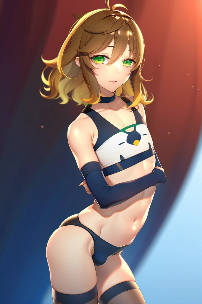 amicia michella - nijisanji, anime style, 1girl, brown short hair, yellow inner hair, wavy hair, green eyes, detailed eyes, crop top, midriff, girly face, blushed, seductive, wide hips, thick thighs, huge round ass, flat chested, (((full flat chest))), (((bulge))), full body, dynamic pose, gym, absurdres, high res, ultrasharp, 8K, masterpiece, looking at viewer, CuteTraps