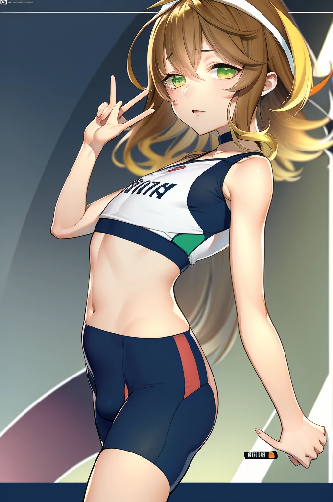 amicia michella - nijisanji, anime style, 1girl, brown short hair, yellow inner hair, wavy hair, green eyes, detailed eyes, crop top, midriff, girly face, blushed, seductive, wide hips, thick thighs, huge round ass, flat chested, (((full flat chest))), (((bulge))), full body, dynamic pose, gym, absurdres, high res, ultrasharp, 8K, masterpiece, looking at viewer, CuteTraps