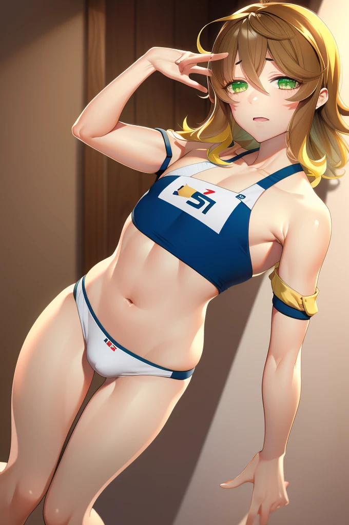 amicia michella - nijisanji, anime style, 1girl, brown short hair, yellow inner hair, wavy hair, green eyes, detailed eyes, crop top, midriff, girly face, blushed, seductive, wide hips, thick thighs, huge round ass, flat chested, (((full flat chest))), (((bulge))), full body, dynamic pose, gym, absurdres, high res, ultrasharp, 8K, masterpiece, looking at viewer, CuteTraps