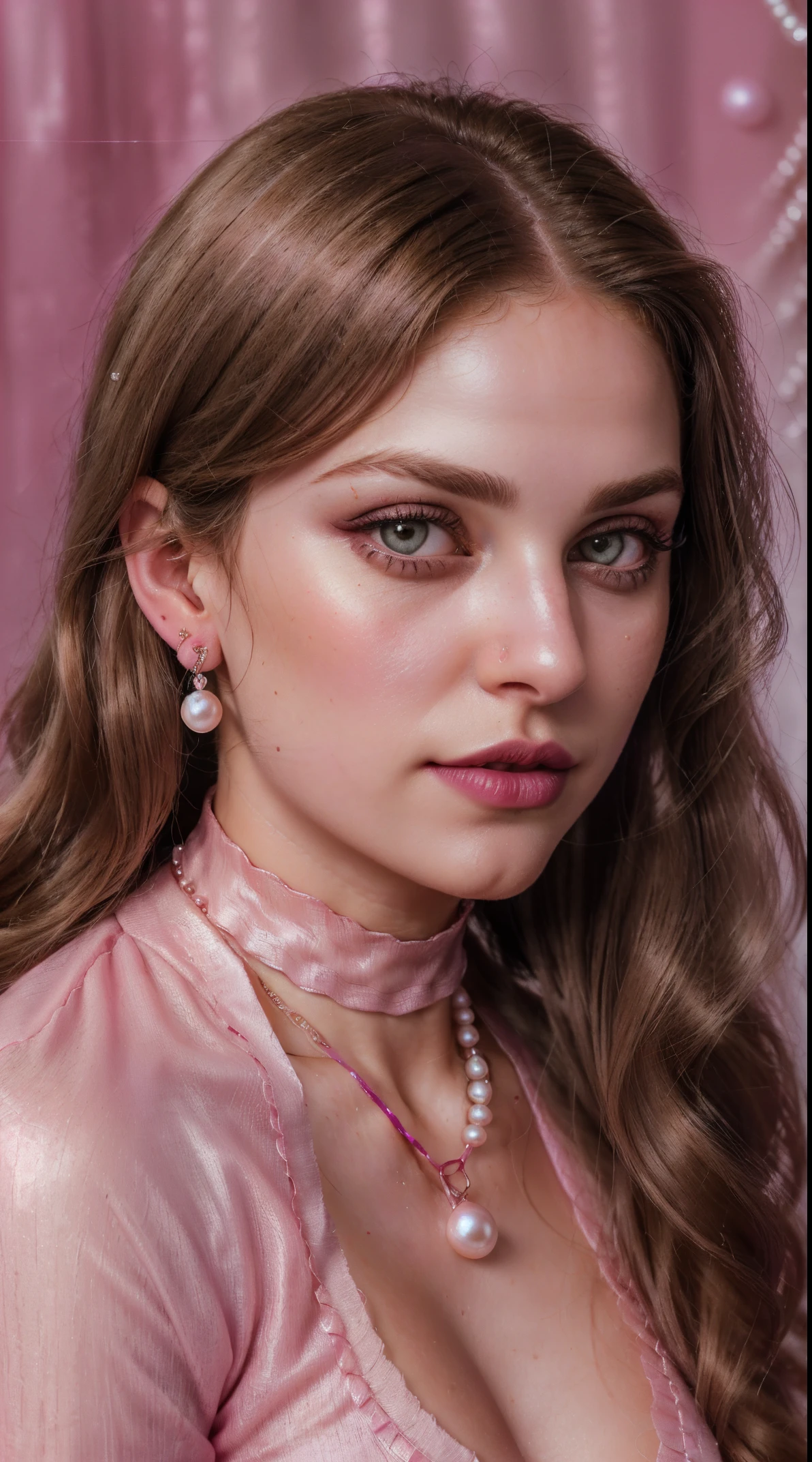 (Blond brown hair), (RAW photo, realism: 1.8), (very dark pink lip gloss), (dark jet pink lipstick), (many eyelashes), (eye shadow), (too much shy), (too much blushing), (high quality), (high resolution), (depth of field), (chromatic aberration), (caustic), (wide light), (pearl pink colors), (22 year old woman), (innocent face), (cute face), (chicks) (necklaces), ((nose pin)), (chokers), (earring), (bracelets), (wear many accessories), (very soft pearl pink fair large breasts), very good clothing), (style A good woman), (pink silk salvar kameez), (dupatta), (beautiful pearl pink fair skin), (beautiful legs), (lots of exposure), (very line), (figure that looks delicious), (long and brod lips),