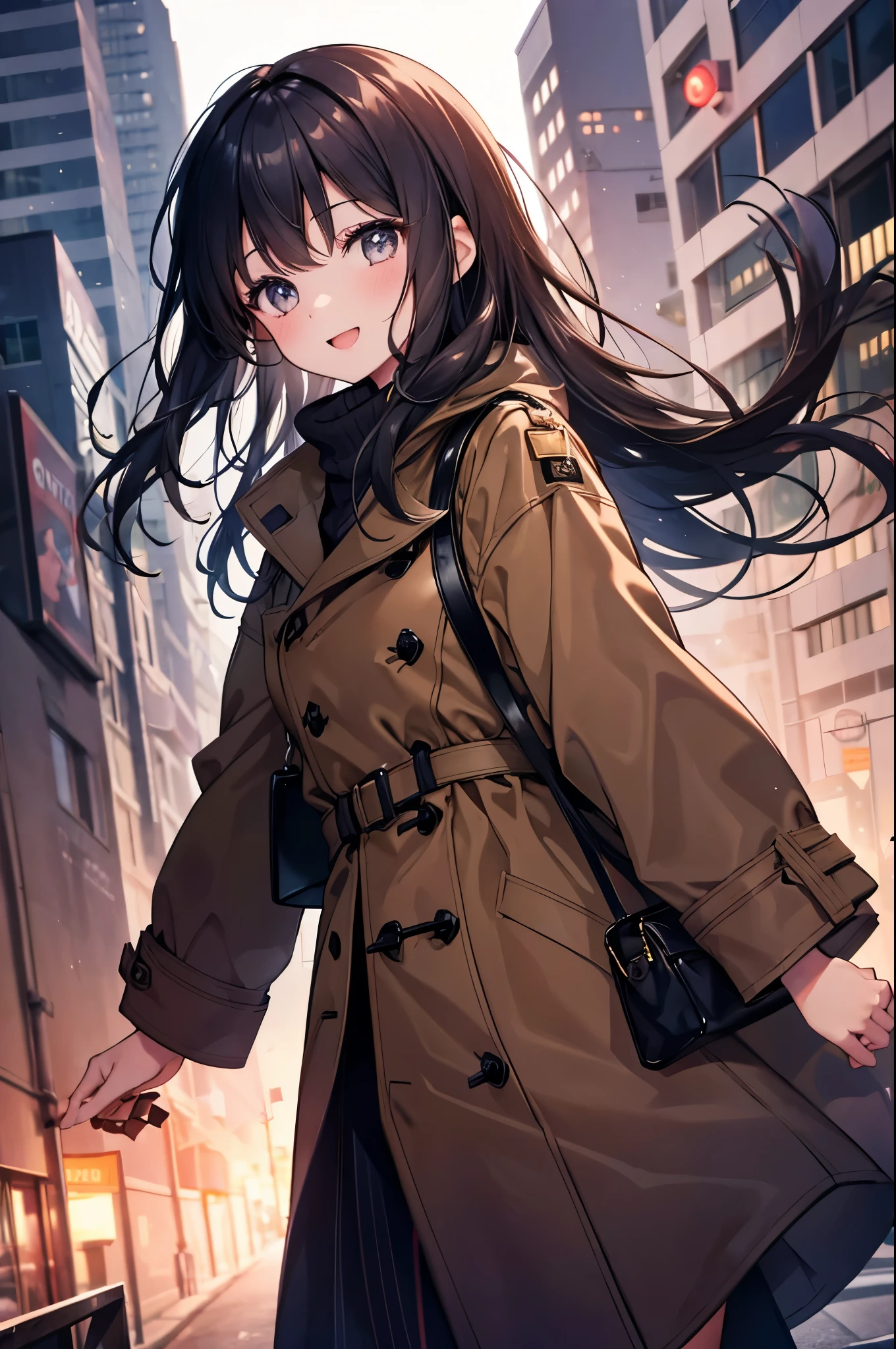 A dark-haired,Dark eyes,girl waiting to get home from work,wearing a brown coat,Gentle eyes,Smile with open mouth,has a coat in both hands,High quality,in 8K,sharp