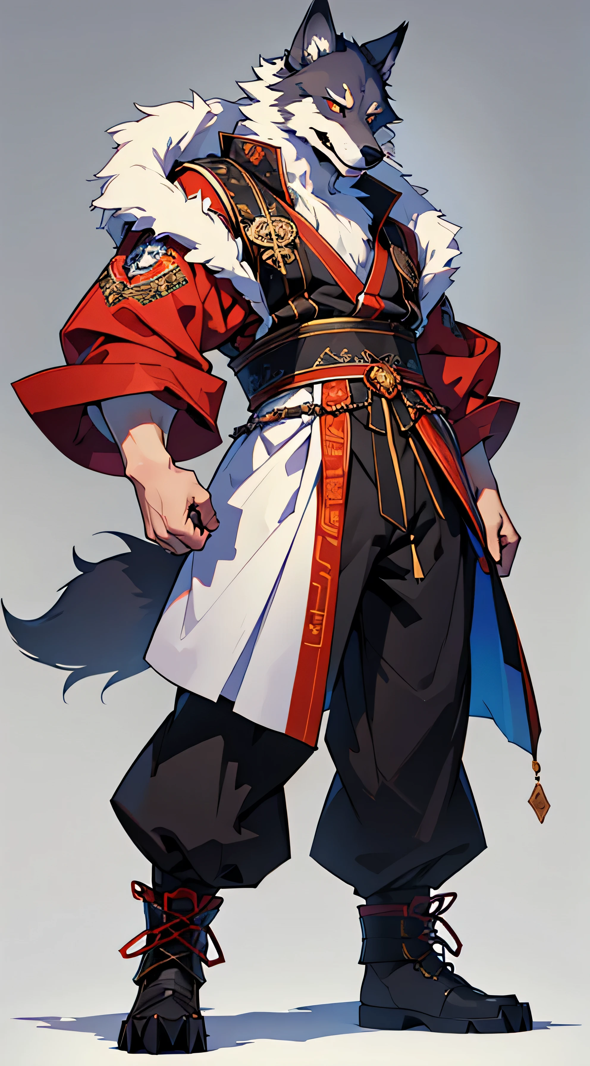 (Best Quality, 4k, 8K, high resolucion, Masterpiece:1.2), Short, 괴물 바지만 입은 Short 다리 털복숭이 늑대., 5th class body type, Small stature, Clear eyes, Oriental dresses, fur art, s whole body, colorful wolf monster, fur art, Intense facial expressions, sharp claws, two legs, Standing on two feet, side pose, bright lighting, s whole body이 털로 뒤덮힘, Small stature, Short in stature, small in size, Short 팔과 다리, The person is wearing only pants...