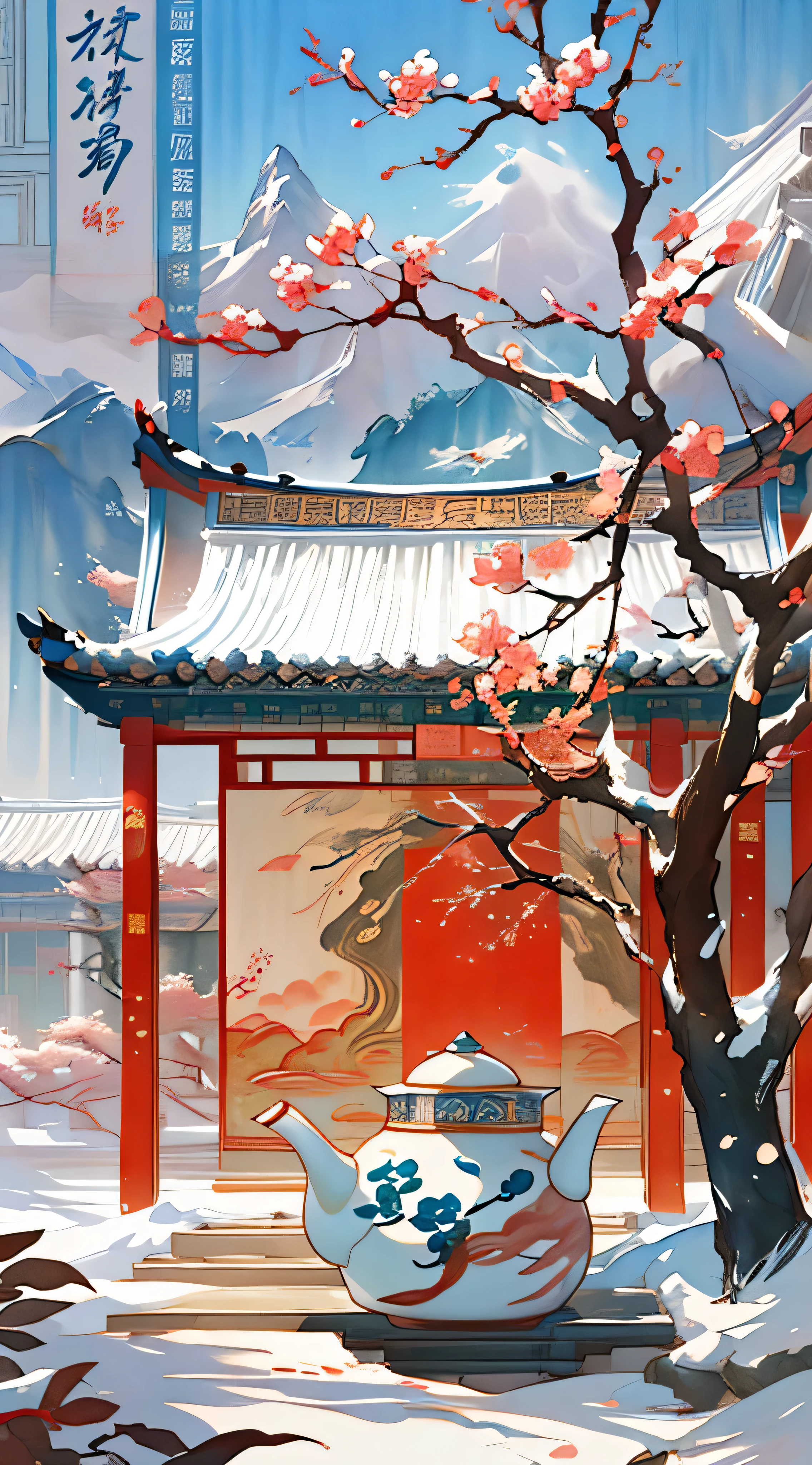 There is a painting of a teapot and a teapot on the table, Inspired by Ma Yuanyu, A beautiful artistic illustration, Central Plains Universe, Inspired by Xiao Yuncong, Artistic cover, chinese painting style, inspired by Huang Gongwang, chinese watercolor style, Poster illustration, inspired by Zhang Zongcang