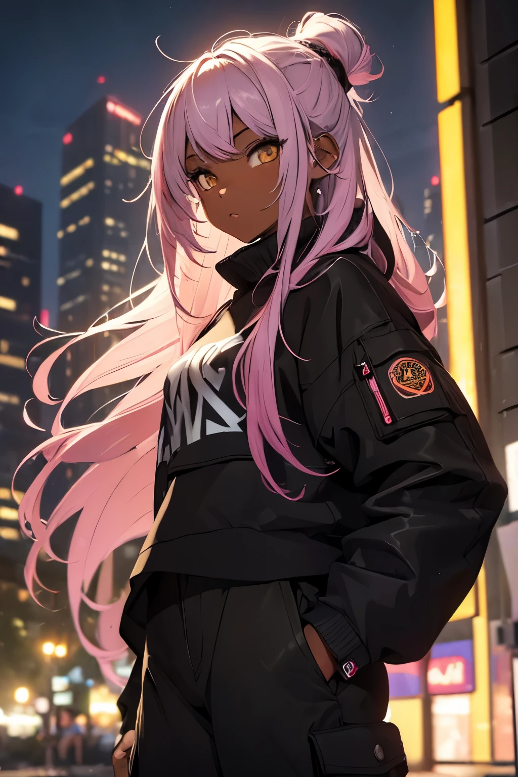 (masterpiece:1.4), 1girl, Streetwear,cargo pants, street, (masterpiece, best quality, highres, ultra detailed ), night, depth of field, absurdreasterpiece:1.4), ultra-detailed, 1girl, dark-skinned, stand up, black and yellow, long darkpink maroon wildly hair with white streaks