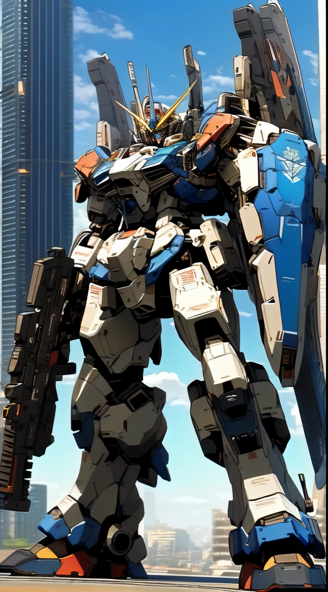 (Blue sky:1.1), cloud, Holding_weApon, A (((mechA))) with sleek And menAcing design, blazing ,heroic pArts, mechAnicAl pArts, Robot joints,(huge shield:1.2),best quAlity, mAsterpiece, highly detAiled, ultrA-detAiled,(bAttle-reAdy:1.2),(powerful stAnce:1.3),(DetAiled eye description:1.2),(huge mechAnicAl weApon:1.3),(detAiled Armor description:1.2),(detAiled shield description:1.2),(detAiled weApon description:1.2),(huge mechAnicAl gun:1.2),(Holding gun And weApon :1.3) Break Building, blazing_Eyes, scienc_fiction, city, reAlistic,