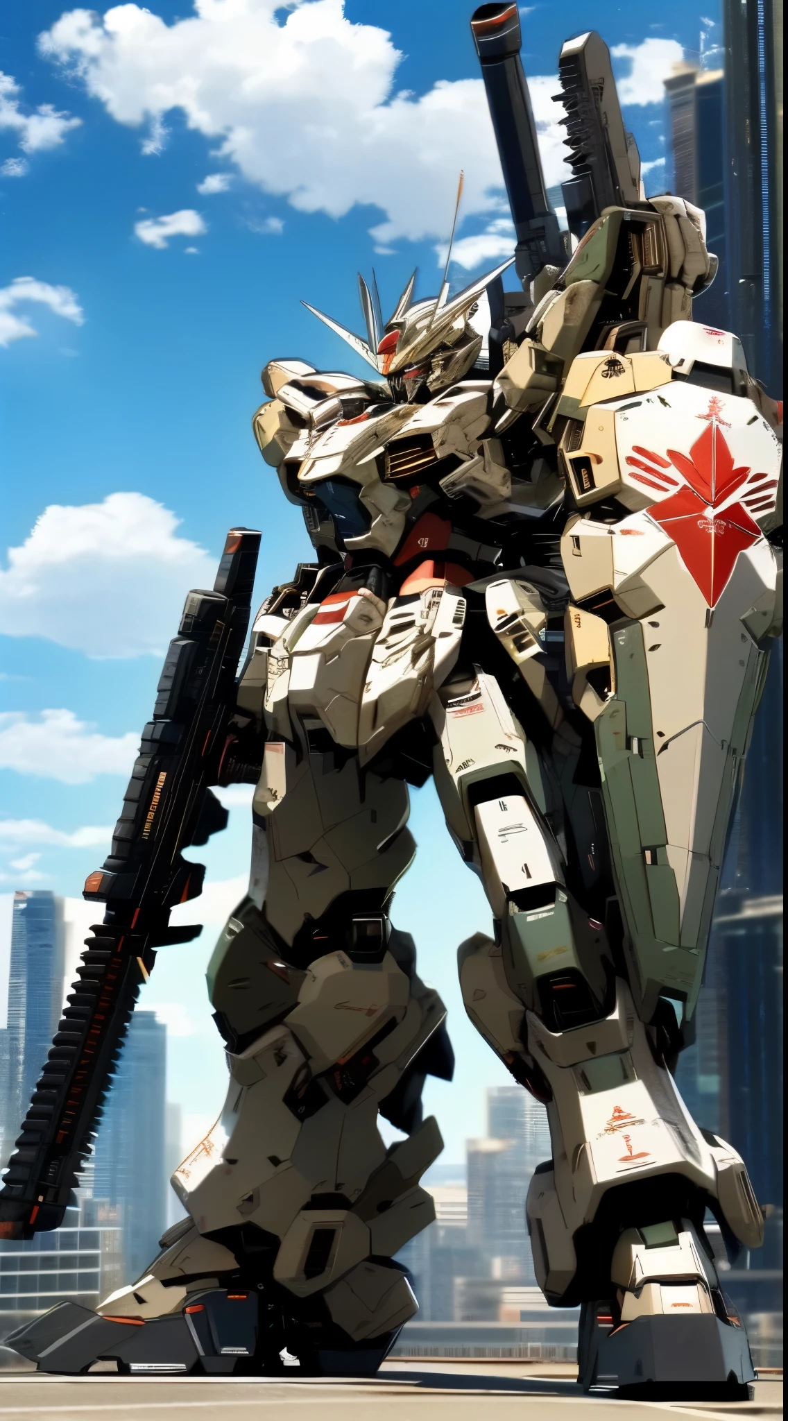 (Blue sky:1.1), cloud, Holding_weApon, A (((mechA))) with sleek And menAcing design, blazing ,heroic pArts, mechAnicAl pArts, Robot joints,(huge shield:1.2),best quAlity, mAsterpiece, highly detAiled, ultrA-detAiled,(bAttle-reAdy:1.2),(powerful stAnce:1.3),(DetAiled eye description:1.2),(huge mechAnicAl weApon:1.3),(detAiled Armor description:1.2),(detAiled shield description:1.2),(detAiled weApon description:1.2),(huge mechAnicAl gun:1.2),(Holding gun And weApon :1.3) Break Building, blazing_Eyes, scienc_fiction, city, reAlistic,