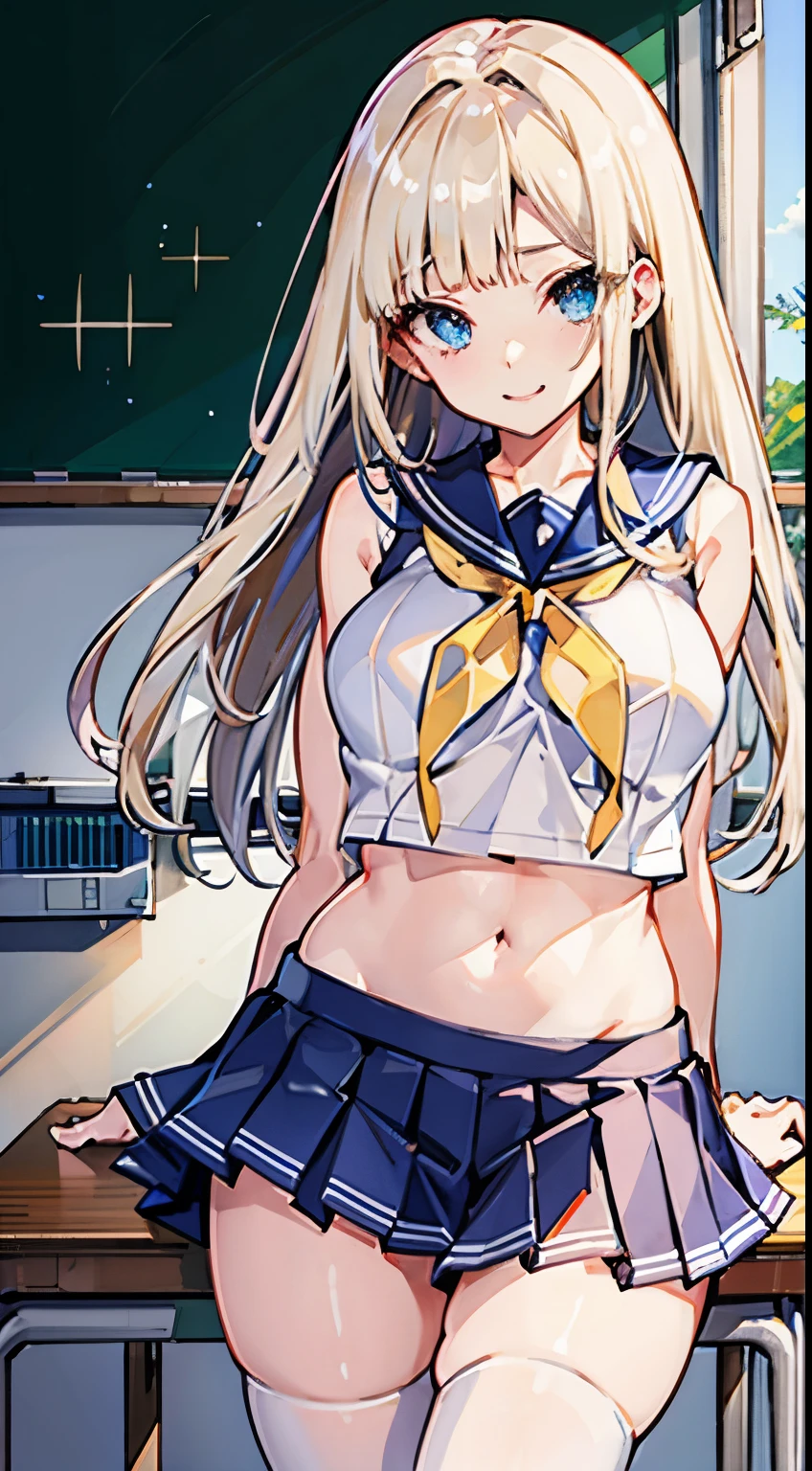top-quality、realistic touch,high-detail、photoRealstic、thin-waist、captive beauty、big eye、solid platinum-blonde eyelashes、platinum-blonde、full body Esbian、Sparkling eyes、Submissive smile、Flushed cheeks、Kamimei、thin-waist、Voluptuous thighs、Enraptured look、In the classroom of the school、Navel look、She is in estrus、a sailor suit、cocky expression、Colossal tits、Super short skirt with V-line visible、Camera angle from below、Big breasts visible between uniform and stomach、Sleeveless