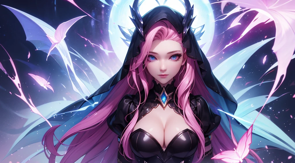 seraphine1, league of legends, pink hair, cleavage, digital illustration, vibrant colors, soft lighting, glowing effects, perfect face, glowing effects, absurdres, ultrasharp, 8K, long hair, black long dress, long veil, sythe pose, necromancer, purple effects