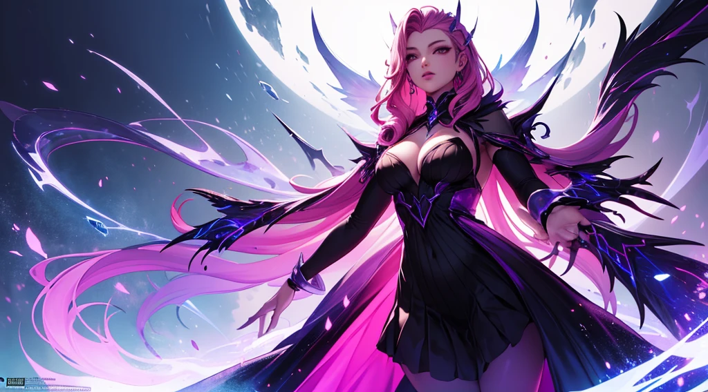 seraphine1, league of legends, pink hair, cleavage, digital illustration, vibrant colors, soft lighting, glowing effects, perfect face, glowing effects, absurdres, ultrasharp, 8K, long hair, black long dress, long veil, sythe pose, necromancer, purple effects