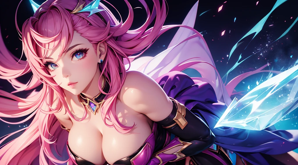seraphine1, league of legends, pink hair, cleavage, digital illustration, vibrant colors, soft lighting, glowing effects, perfect face, glowing effects, absurdres, ultrasharp, 8K, long hair, black long dress, long veil, sythe pose, necromancer, purple effects