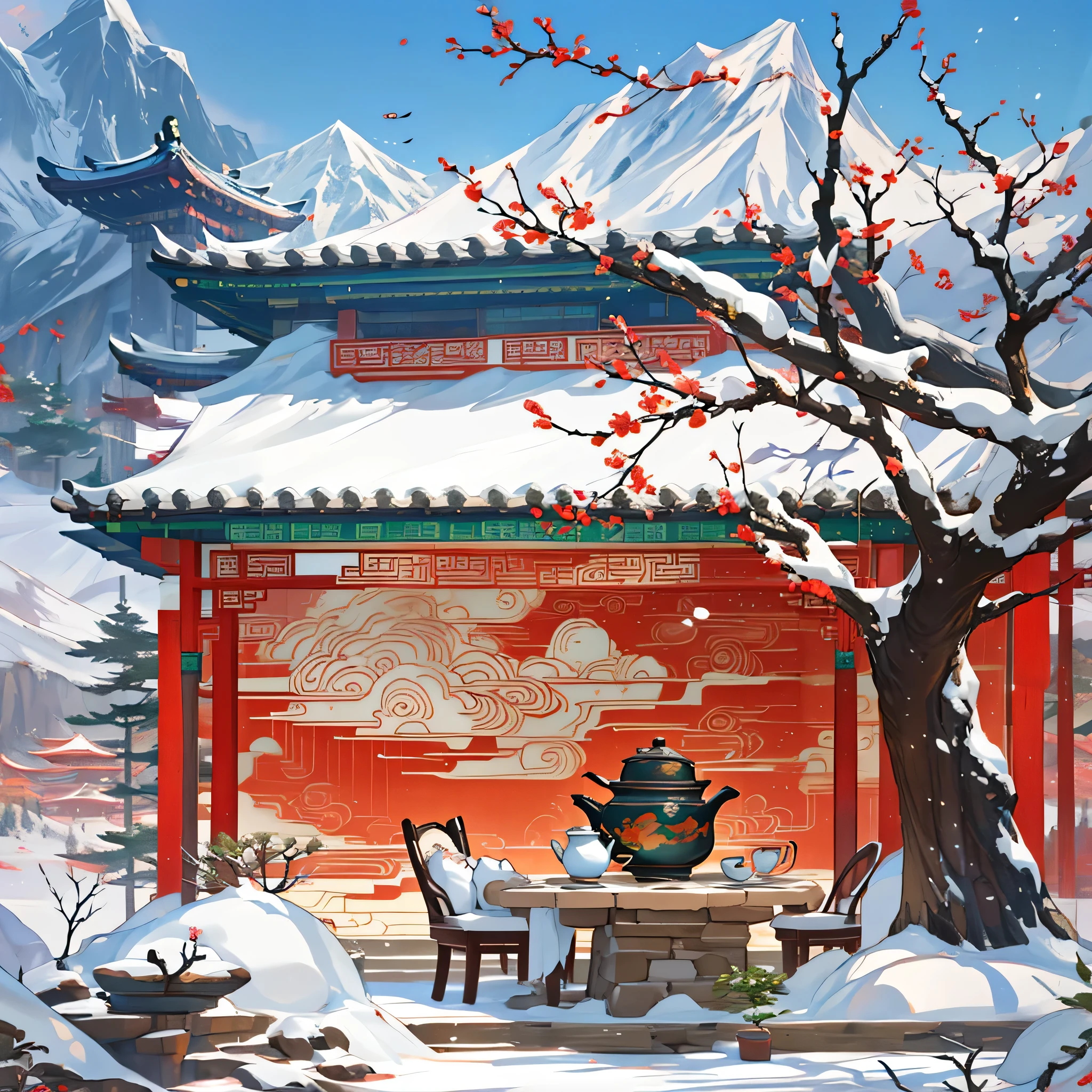 There is a plum tree in front,There is a stone table under the tree. There is a tea stove and a small teapot on the table,., low-rise buildings in china,Snow-capped mountains in the background,Inspired by Ma Yuanyu, A beautiful artistic illustration, Central Plains Universe, Inspired by Xiao Yuncong, Artistic cover, chinese painting style, inspired by Huang Gongwang, chinese watercolor style, Poster illustration, inspired by Zhang Zongcang