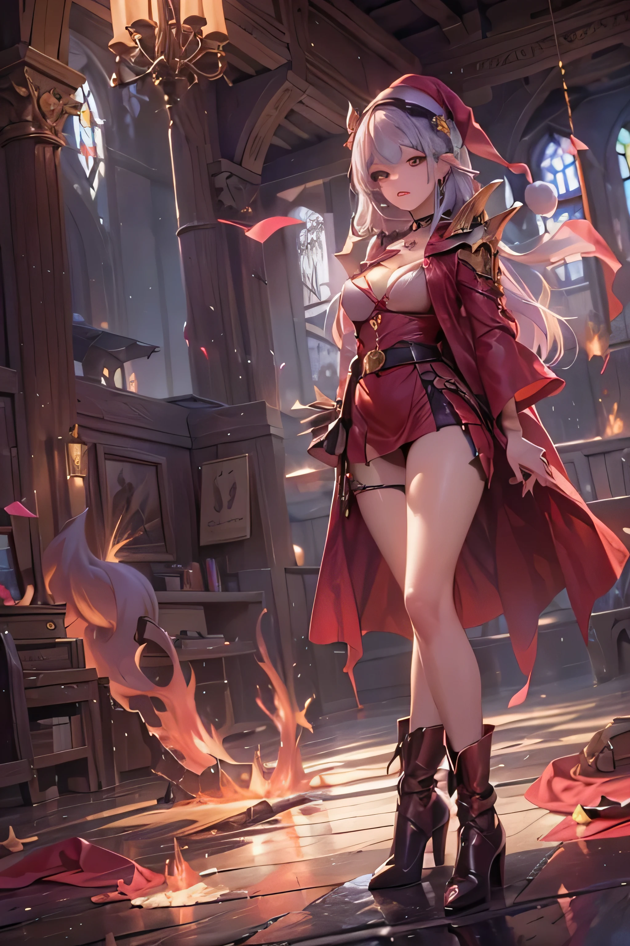 (top-quality,8K picture quality,masterpiece:1.3,hight resolution,masutepiece:1.2),23-year-old woman,fire mage,Looking at the camera,photo turned around,(View from behind:1.4), (Small butt:1.2), (pubick hair:1.2),(full body Esbian:1.5), (Full body shot:1.5),(Standard Body:1.2), (Red Santa Costume,santa hat, Super mini skirt with slit,Stockings,a choker,long boots:1.2), Bondage Fashion,sexy panty,(shoulder-length hair:1.1), (ssmile:1.4), (Bold pose with open legs,dynamicposes:1.4),(crazy magic), (Very beautiful fantasy background),portraitures, Vivid colors, Intense lighting, brushstrokes, Ethereal Atmosphere, charmed, charmedされる景色, fascinated expression, Mystical, Intricate details, Nipples visible through clothes,I can see my panties, captivating moment, Flickering flame, crystalline , burning rope, a mythical creature, surreal landscape, Otherworldly, magic elements, ethereal glow, Transcendent, Harmonic color palette,Erotic art. Art Book. Art Book. Fantasy Art, (ruined kingdom background),Christmas Decorations,((Armageddon, Apocalypse)),Red rope,Slender Abs:1.2,(Young gravure idols, Young skinny gravure idol, sophisticated gravure idol),(detailed flawless face),normal hands,Normal finger,Normal legs