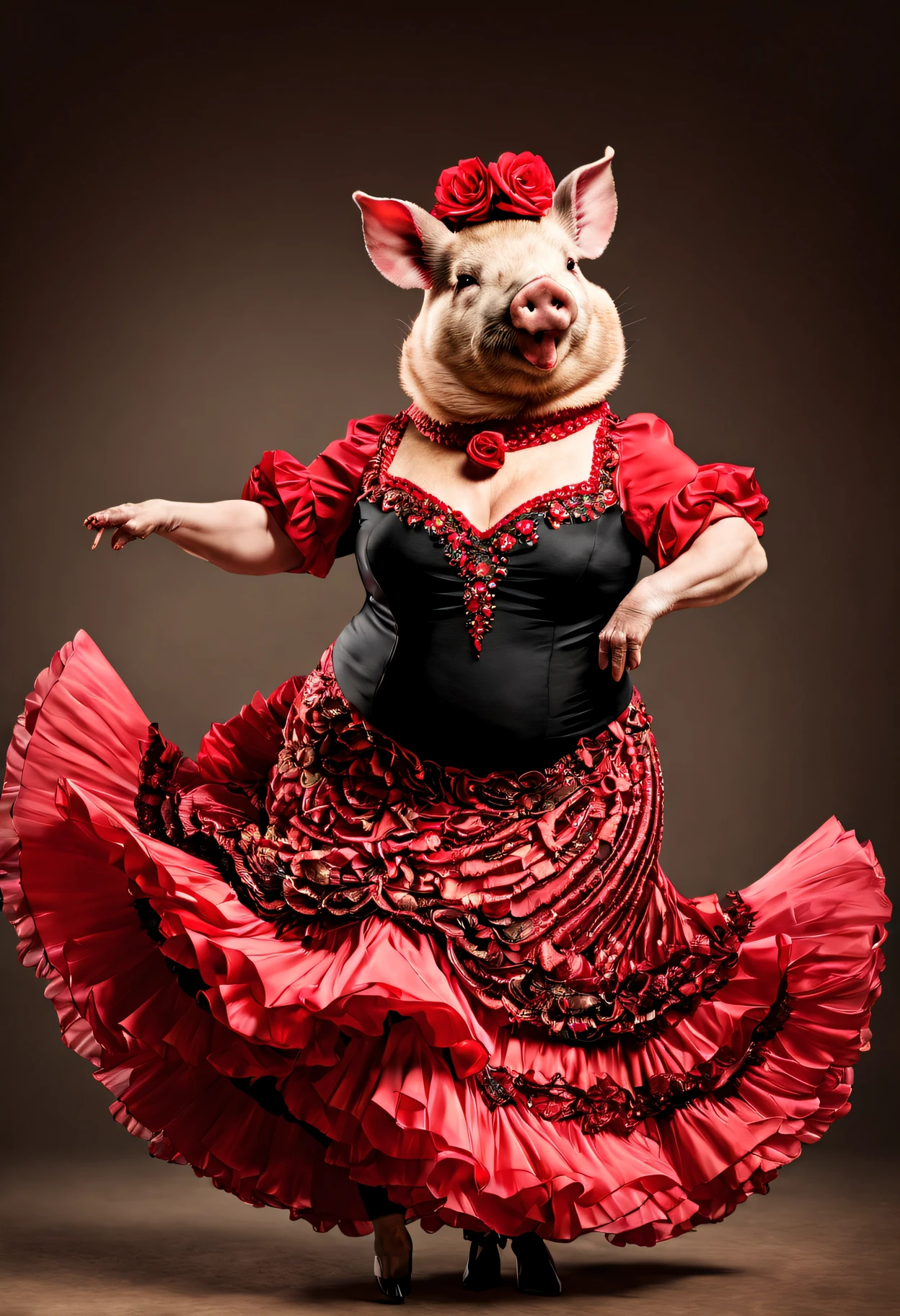 photorealistic portrait of Dressed animals - a fat pig flamenco dancer,( flamenco action posing),  high quality,(lovely) ,intricate details, highly detailed ((flamenco costume)) ,highly detailed dress,, (happy), studio lighting,(full body image:1.5)