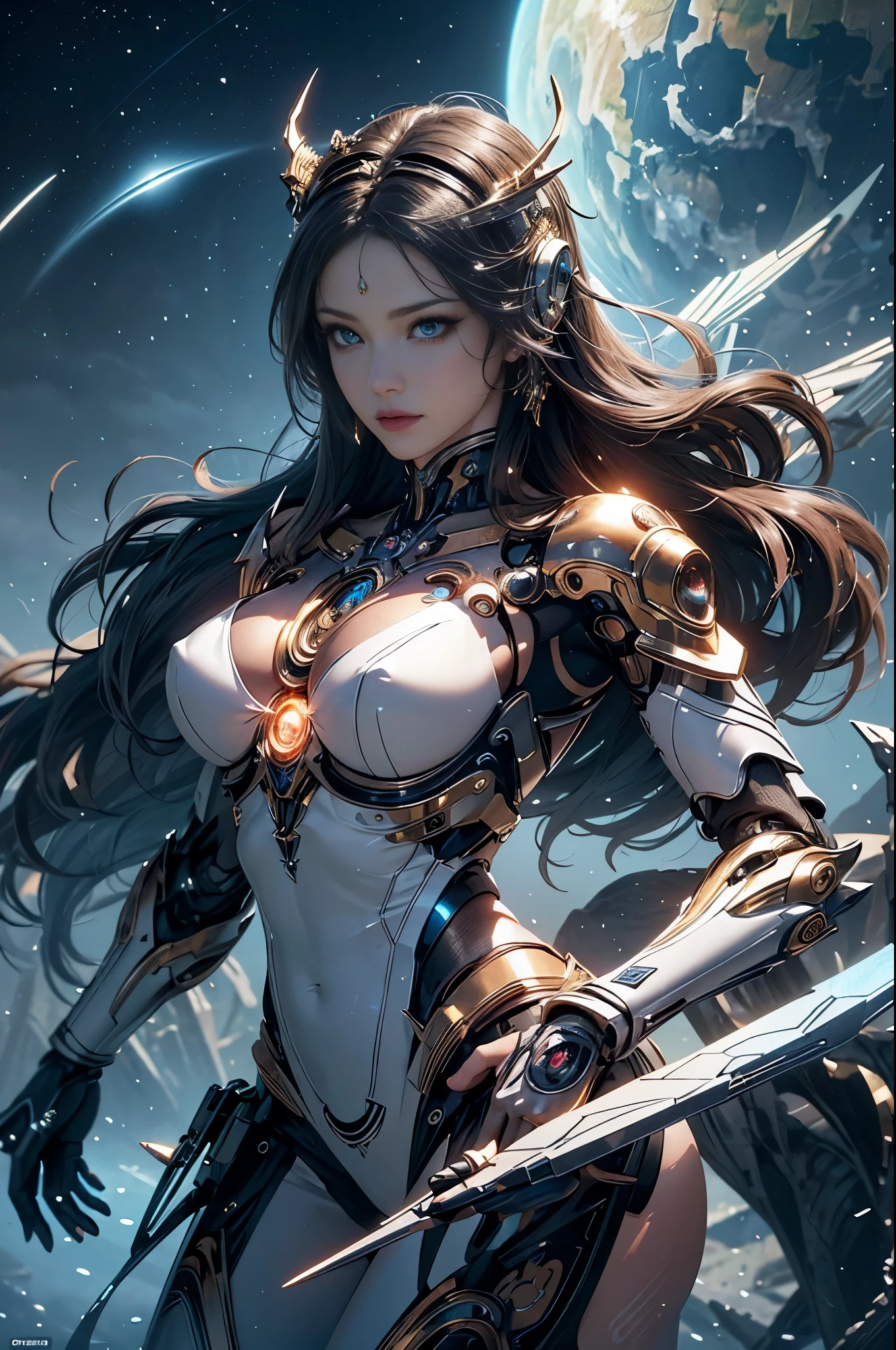 intricate ornate anime cgi style, super detailed fantasy characters, 4K highly detailed digital art, karol bak uhd, cyborg goddess in cosmos, beautiful digital works of art, 2. 5 d cgi anime fantasy artwork, Goddess. extremely high detail, portrait of cyborg queen, extremely detailed goddess shot, Half body machine, Inorganic, Next generation high performance cyborg, Goddess of Machines, The perfect cyborg, ultimate replicant, A masterpiece created by ultra-high performance AI, Final weapon, Best Quality, Perfect Angle, perfect-composition, sharp outline, Best Shots, perfect shapes, perfect model style, Very beautiful and detailed eyes, Hollow eyes, blue eyes without pupils