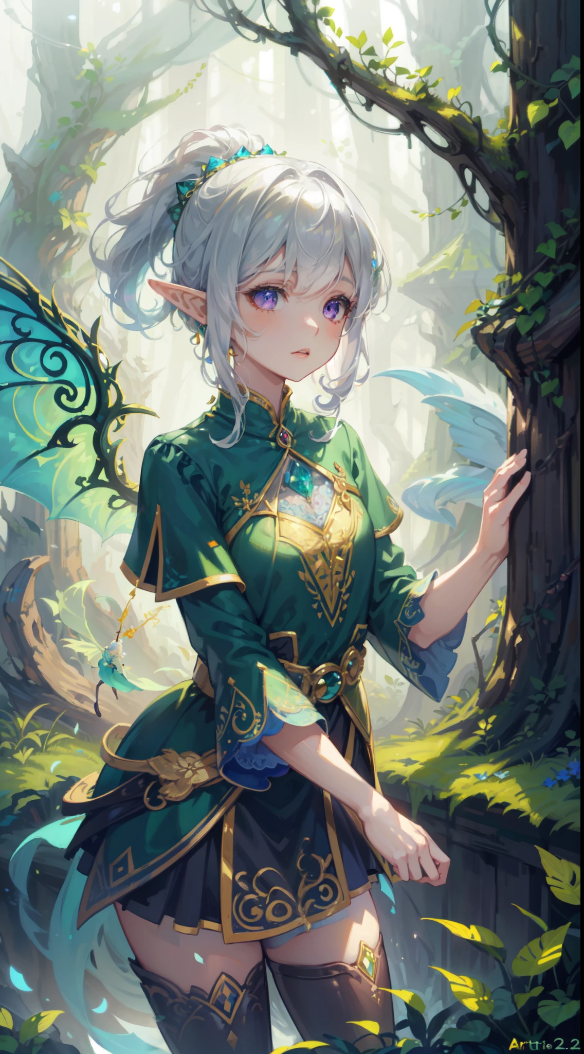 (Exquisite art style: 1.2 + bright colors: 1.2), (HD wallpaper + ultra-high precision: 1.2), When you think of "elf wings", you will imagine a flowing, elegant elf girl, flying in the air, surrounding the woods and wilderness. Her wings can be white, gold, or silver-gray, shining. She can wear dresses, short skirts or blue silk. Surrounded by trees, flowers and small animals, it full of nature and magic. The theme "Wings of Elves" good at depicting brightly colored and detailed dreamy pictures, which lead people's imaginations infinitely to the world of and fantasy, BREAK, highly detailed of (elf), (1girl), perfect face,details eye, short hair, low ponytail, Blunt bangs, (hair between eye), white hair, violet eyes, fantasy art by Artgerm, by Kawacy, by Wadim kashin