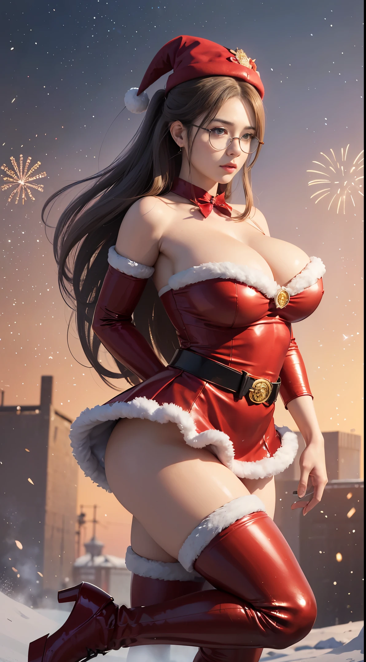 Fine、(The best illustrations)、8k UHD resolution、intricate-detail、top-quality、realisitic、ultra-detailliert、The best lighting、Best Shadows、Soft lighting、Ulutra HD、Ultra-realistic、Tindall Effect、Photorealsitic、(High Detail Skins:1.2)、 (Intricate details, makeup, pureerosface_v1:0.5), (Detailed beautiful delicate face, Detailed beautiful delicate eyes, A perfectly proportioned face, High detailed skin, Detailed skin, best ratio four finger and one thumb, arms below breasts, Tattoo with a red glow under the stomach、Awesome awesome, wide hips, smooth midriff, skiny and thin, __Fashion__, __hair__:1.25)、Digital SLR、 absurd realistic work: 1.3), (max resolution: 1.2), (Ultra HDTV: 1.2), cinematric light, Detailed eyes and skin, detailed facial features, , (Sharp Focus: 1.2), (Focus on Face:1.2),Perfect Style, Beautiful face, acurate, Anatomically correct, ノ Highly detailed facial and skin texture, Detailed eyes, Double eyelids, Thin eyebrows, Glitter Eyeliner: 1 Natural cheeks, Glossy skin, Fair skin: 1.2, (Glossy lips: 1.4),(Shy look: 1.2),Highly detailed facial and skin texture, Detailed eyes, Double eyelids, Natural cheeks, shiny lips: 1.4,Exposed cleavage、Bewitching。a 、Seductive、Chest emphasis、((((Huge glasses, Otaku Glasses, thick glasses, Round glasses)))),The long-haired、Braid hair、Ponytail distortion、, Ponytail with a bow tied at the back of the hair, huge solemn expression、Body Up、Big breasts emphasis, Super tight breasts, Breast augmentation surgery, The breasts are very big and round and round,Toned waist、 Meet beautiful girls, Look at the girl's body, In the Dark、Bat Wings,(Devil's Tail)、(詳細な不気味Background:0.8)、Long grey hair,emits eerie demonic flames,Contour light,green flash particles, magia、火炎magia、Flares up violently、swirling explosion, angelic halo, golden and orange spark dazzling around, Dramatic composition details), radiant light, Powerful light area, (magiaのシンボルが鎧に輝きます:1.3), (magiaの魔力が彼女の周囲に渦巻いていた:1.3), Long white hair waving in the wind in every detail, (intense expression:1.1), (Its light is、Highlighting her dominance and rebirth behind the scenes:1.4), (Wisdom and Rebirth:1.2), (Strong stance:1.2), (Overwhelming mystical power:1.2), (Sparkling sweat:1.1),(The contrast between silver and gold:1.3),elegant glitter dark&mysterious version, Super beautiful glowing eyes、Looking at the snow-covered amusement park, Young woman in Santa Claus costume standing with legs apart, married woman, A MILF, Mature, huge stunning goddess shot, goddess of Japan, the extremely hot and sexy, powerful and huge, jaw dropping beauty, goddess of Japan, very Bigger breasts, Big ass, ((Santa Claus miniskirt costume and hat)), (Wearing:red mini dress trimmed with white fur, Thick black belt, Long Red Leather Boots), (thigh visible), (lean forward and look at you), (Fireworks go off at the amusement park at night), In the snow, (Background: Night city decorated with Christmas illuminations), Animal characters are dancing in the background,