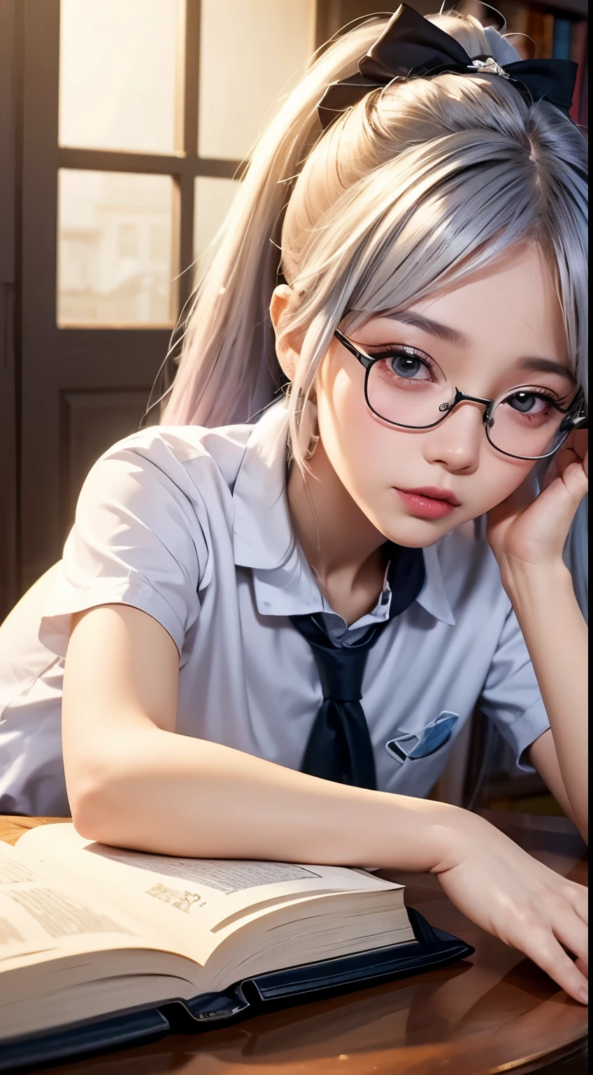 Best quality at best at best，tmasterpiece，Extremely Delicately Beautiful，The content is very detailed，CG，gatherings，8k wallpaper，An Astonishing，depth of fields，1  Chinese girl，10 yease child，Very cute lelicate skin，Flawless Face，plain face，white color hair，Long gray hair，high ponytails，There are two strands of white hair on both sides of the ears，Wear pink hair accessories，Eye color is sky blue，Elaborate Eyes，Wear topless half-rim glasses, sparkle in eyes，confusion face,  （Wear a school uniform，white short sleeve）, sitting down, Learn，intermittently, lying on the table, get a pencil, opened book, glass of milk, table light, intermittently, natta，In the library, Wall decoration, Mini library, glass window, wall clock, intermittently, 电影灯光, realistically, tmasterpiece, Best quality at best, Complex CG, The face is very detailed, High detail eyes