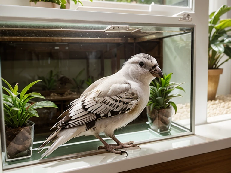 cute white bird perched in a vivarium