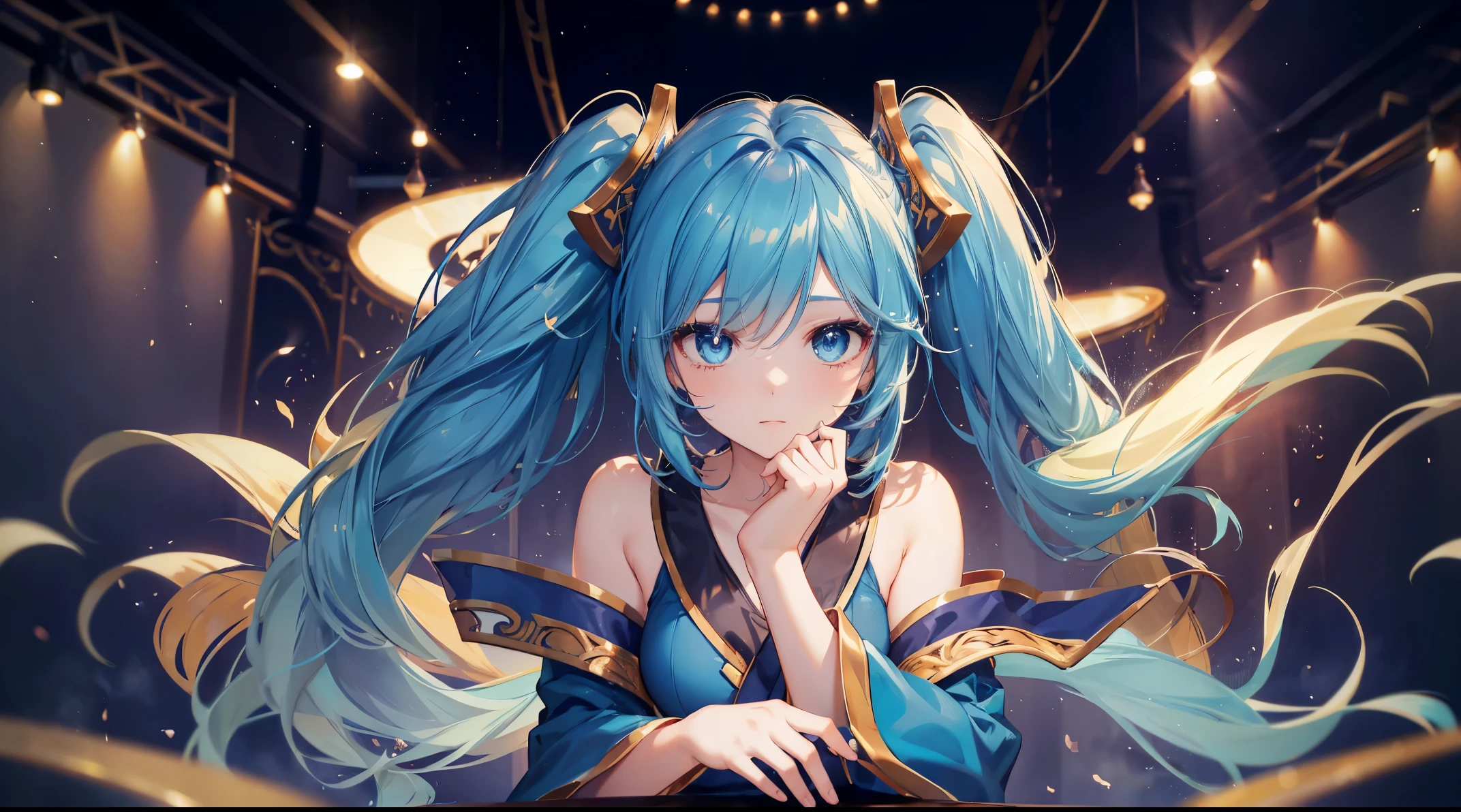 a anime girl playing her pian on a stage filled with dreamy stars and beautiful lights, ((4k, masterpiece, top-quality)),8k, best quality, (((pian))), high resolution, HD, unity 8k wallpaper, (illustration:0.8), (beautiful detailed eyes:1.2), extremely detailed face, perfect lighting, extremely detailed CG, (perfect hands, perfect anatomy), super complex details, intricate details, very long hair, bangs, 1 girl, (((solo)))sona \(league of legends\), blue hair, blue eyes, blue dress, gradient hair, twintails, hair ornament, stage,