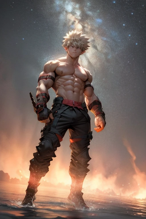 1boy handsome Bakugou Katsuki standing naked flexing and showing off his fit body. In dark deep starry sky background. Dark scenery dynamic low light, highly detailed body. naked flaccid penis and scrotum and wet body, Body is symmetric and good anatomy. Front view, full body, low angle full body, gold armbands, black gloves, gold thigh bands