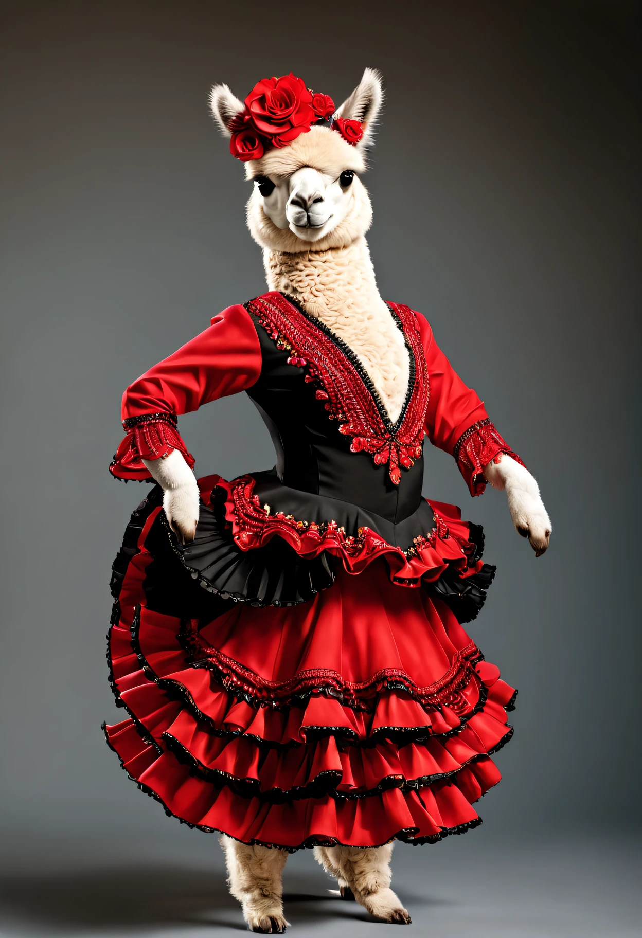 photorealistic portrait of Dressed animals - a fat baby alpaca flamenco dancer,( flamenco action posing),  high quality,(lovely) ,intricate details, highly detailed ((flamenco costume)) ,highly detailed dress,, (happy), studio lighting,(full body image:1.5)