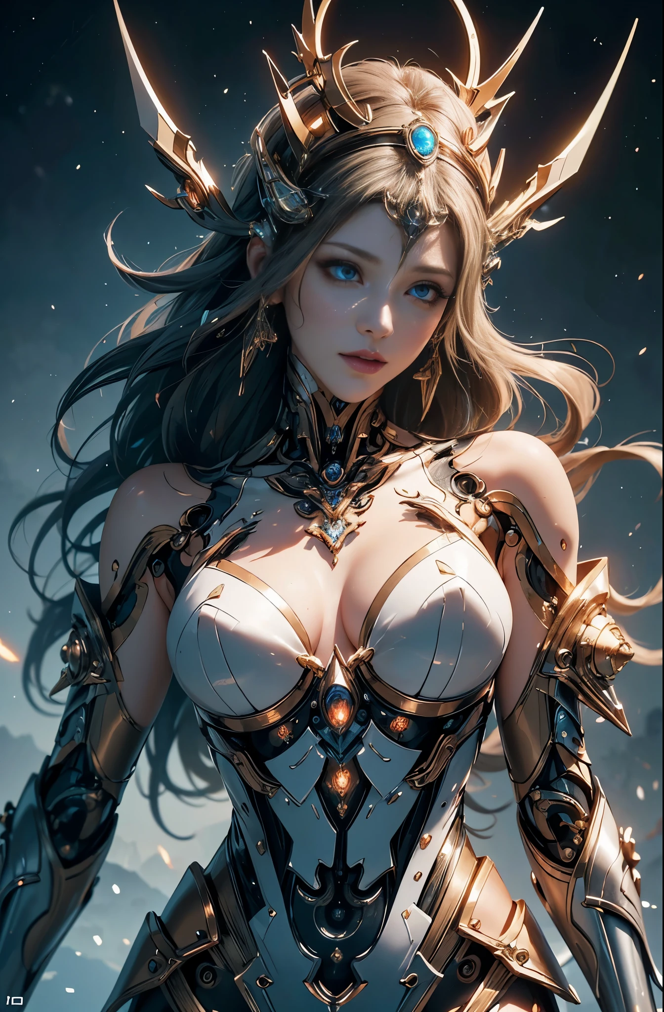 intricate ornate anime cgi style, super detailed fantasy characters, 4K highly detailed digital art, karol bak uhd, cyborg goddess in cosmos, beautiful digital works of art, 2. 5 d cgi anime fantasy artwork, Goddess. extremely high detail, portrait of cyborg queen, extremely detailed goddess shot, Half body machine, Inorganic, Next generation high performance cyborg, Goddess of Machines, The perfect cyborg, ultimate replicant, A masterpiece created by ultra-high performance AI, Final weapon, Best Quality, Perfect Angle, perfect-composition, sharp outline, Best Shots, perfect shapes, perfect model style, Very beautiful and detailed eyes, Hollow eyes, blue eyes without pupils