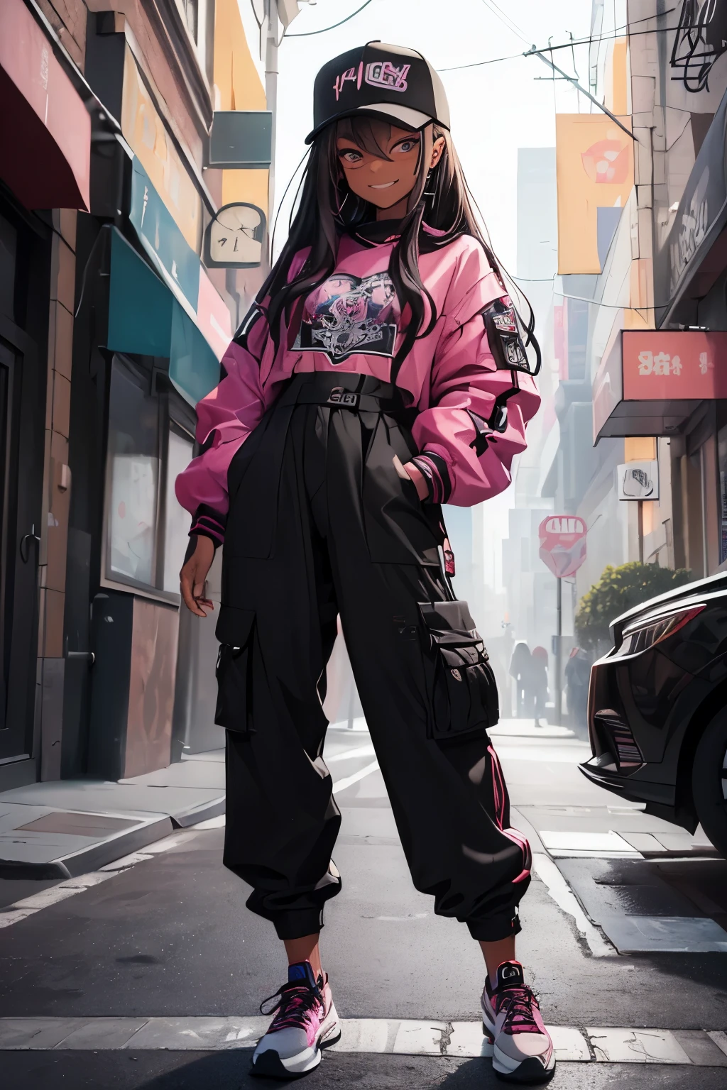 (masterpiece:1.4), 1girl, Streetwear,cargo pants, street, (masterpiece, best quality, highres, ultra detailed ), ht, depth of field, absurdreasterpiece:1.4), ultra-detailed, 1girl, dark-skinned, stand up, black and pink, tattoo, long darkpink maroon wildly hair with white streaks, smirk rizz smile