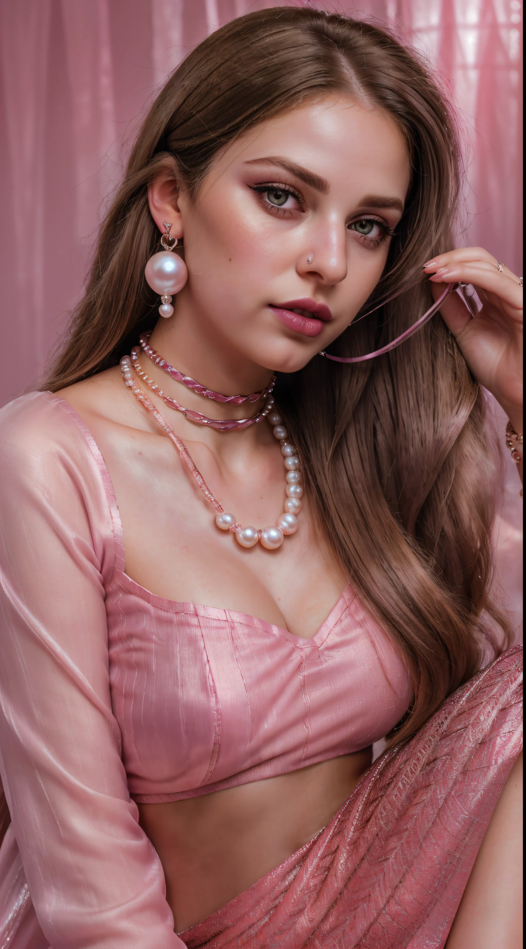 (Blond brown hair), (RAW photo, realism: 1.8), (very dark pink lip gloss), (dark jet pink lipstick), (many eyelashes), (eye shadow), (too much shy), (too much blushing), (high quality), (high resolution), (depth of field), (chromatic aberration), (caustic), (wide light), (pearl pink colors), (22 year old woman), (innocent face), (cute face), (chicks) (necklaces), ((nose pin)), (chokers), (earring), (bracelets), (wear many accessories), (very soft pearl pink fair large breasts), very good clothing), (style A good woman), (pink silk salvar kameez), (dupatta), (beautiful pearl pink fair skin), (beautiful legs), (lots of exposure), (very  line), (figure that looks delicious), (long and brod lips),