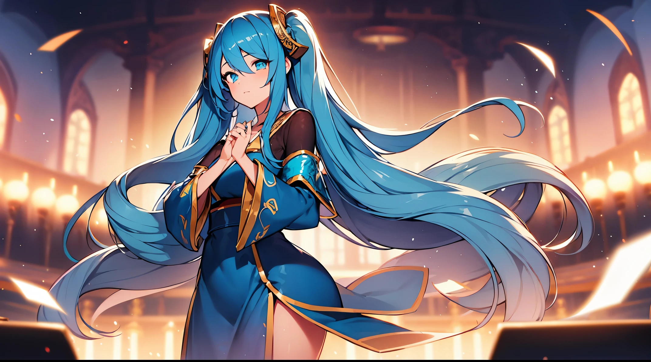 a anime girl playing her pian on a stage filled with dreamy stars and beautiful lights, ((4k, masterpiece, top-quality)),8k, best quality, (((pian))), high resolution, HD, unity 8k wallpaper, (illustration:0.8), (beautiful detailed eyes:1.6), extremely detailed face, perfect lighting, extremely detailed CG, (perfect hands, perfect anatomy), super complex details, intricate details, very long hair, bangs, 1 girl, (((solo)))sona \(league of legends\), blue hair, blue eyes, blue dress, gradient hair, twintails, hair ornament, stage,