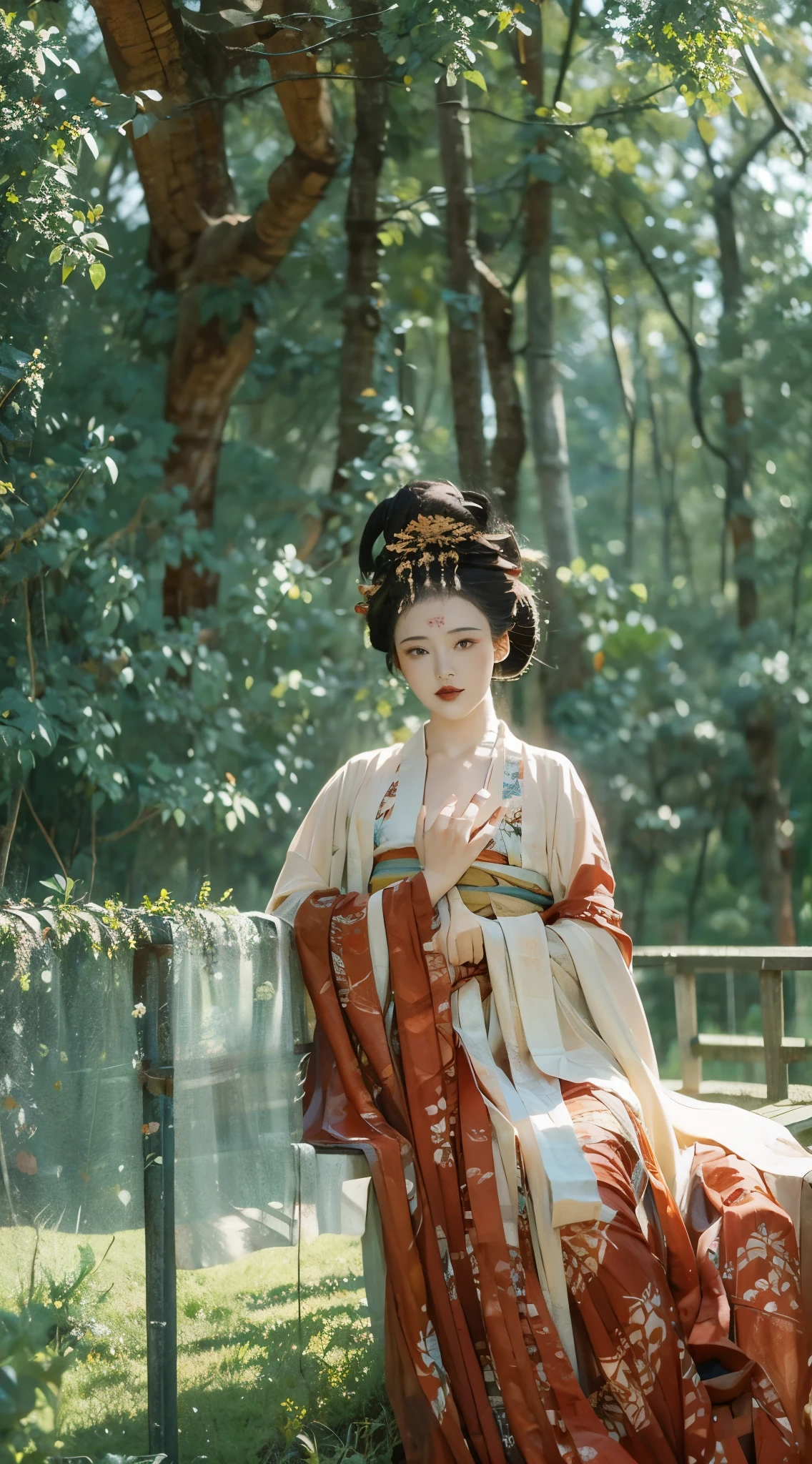 1 woman,In the shade of the trees,Take a fan,Wearing green Hanfu,laid back