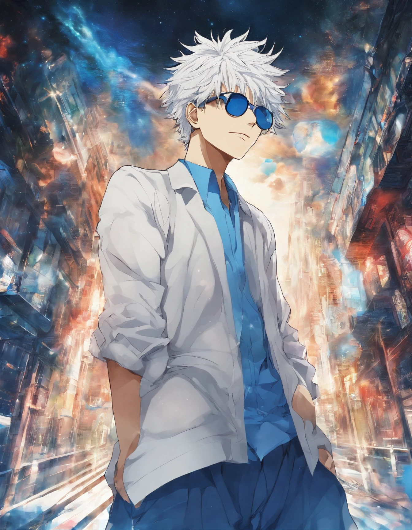Hyper Gojo A man in a white shirt and blue pants standing in a city - SeaArt AI