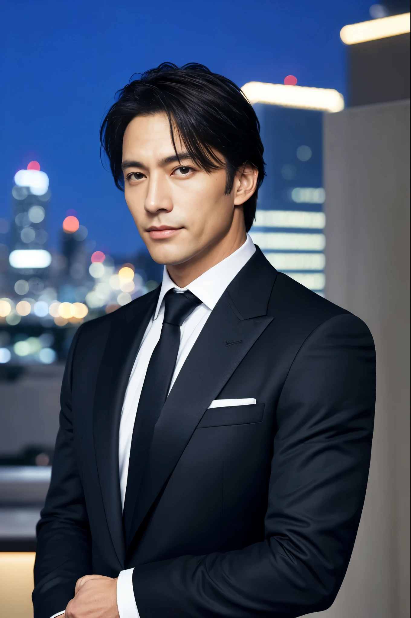 (absurderes, hight resolution, ultra-detailliert, Realistic, ), 1 male, Solo, , Mature, tall muscular man, broad shoulders, Handsome, Very short hair, Black hair, Brown eyes, angular jaw, thick neck, Thick eyebrows, Night, Dark, the Night view of the city background, formal suit, neck tie, Upper body、half smile、