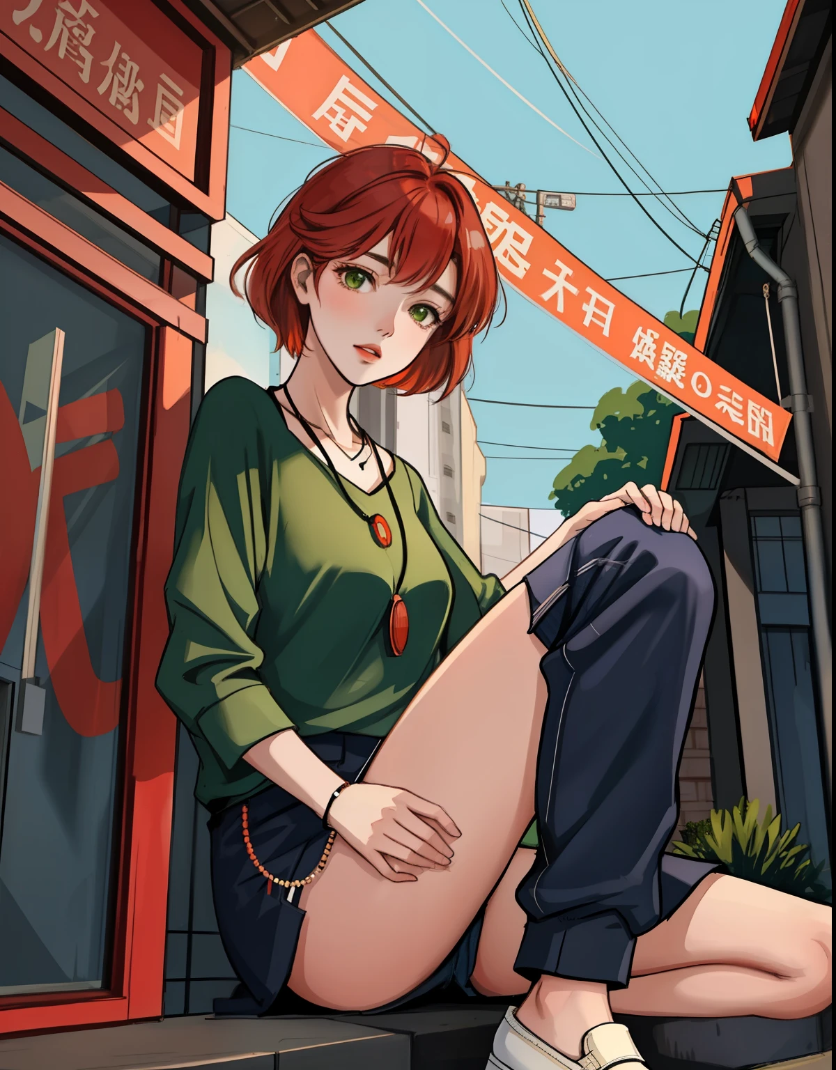 Draws an illustration of an attractive middle-aged female character, comic style with detailed colors, Japanese and American descent, thin, symmetrical face, short and sometimes a little messy red hair, olive green eyes, white skin, and medium height. He wears a black shirt, a small necklace with a green pendant, pants with a hem below the knees and flat shoes with a mix of red, orange and blue lighting, soft face with a loving expression, slim build, thick, pointed legs, with a background of a colored urban city, concept art for highly detailed illustration.